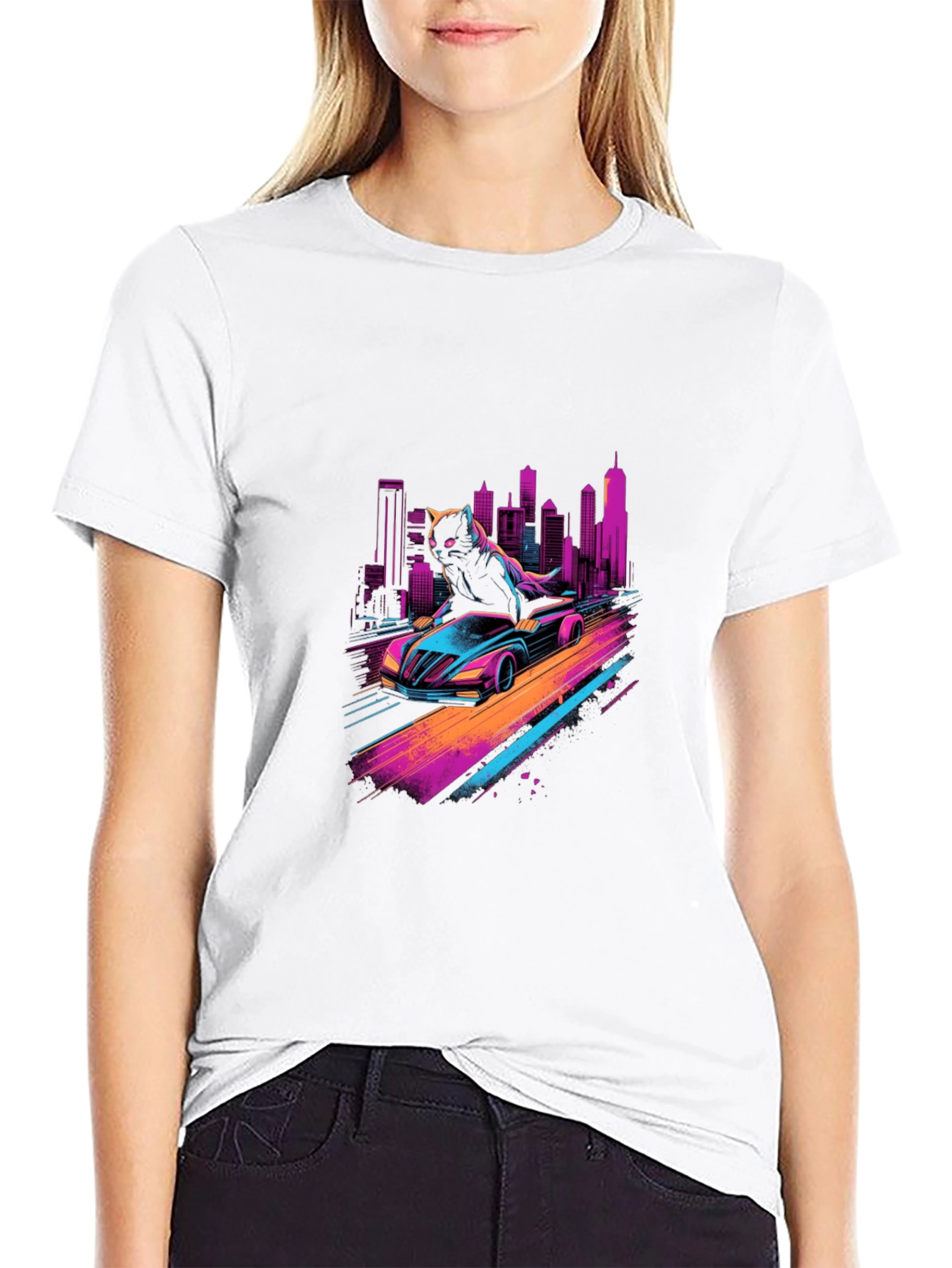 Cyber Cat Racing T-Shirt - Retro Wave Style