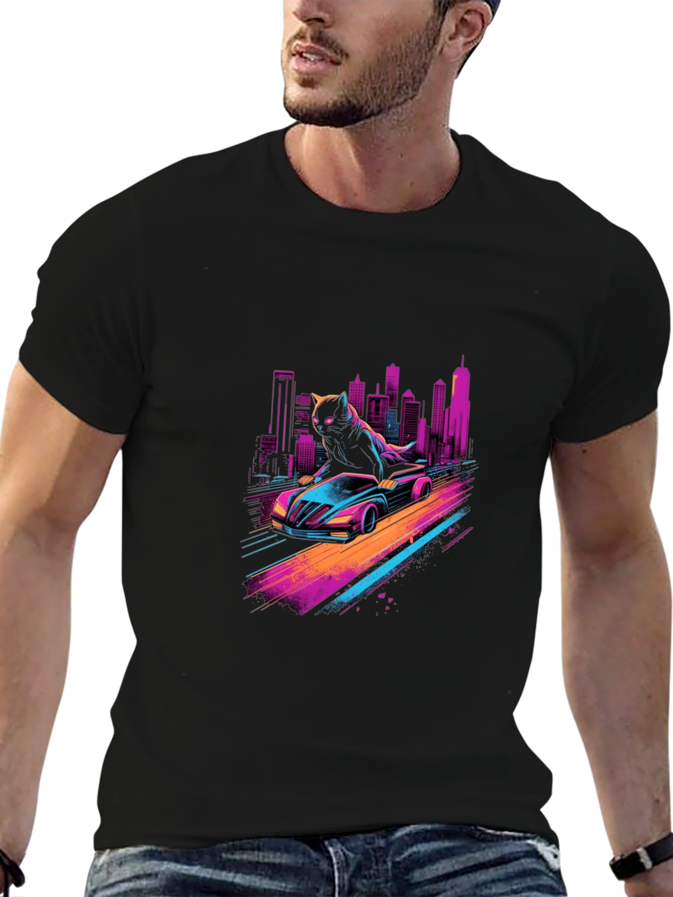 Cyber Cat Racing T-Shirt - Retro Wave Style