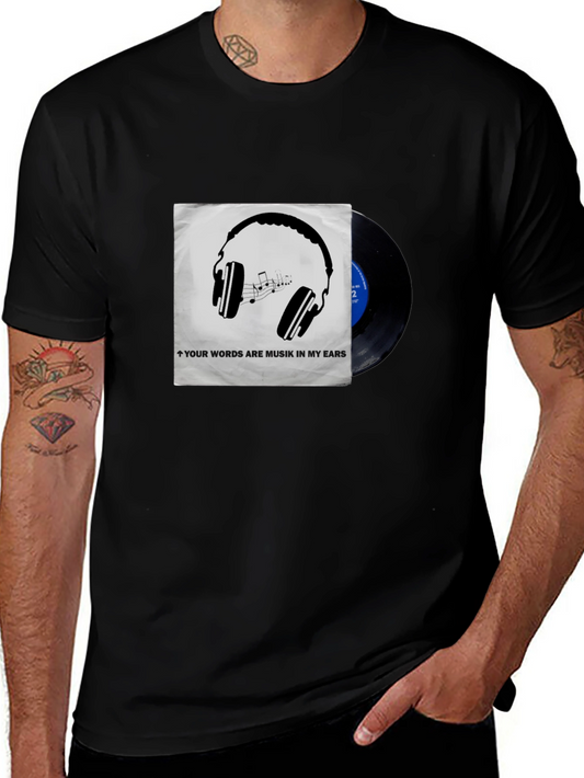 Music Lovers T-Shirt: Headphones & Vinyl Design