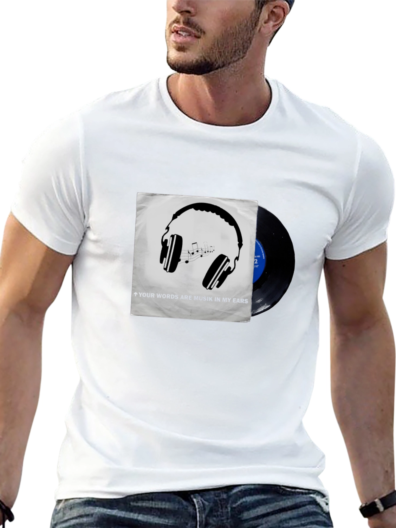 Music Lovers T-Shirt: Headphones & Vinyl Design