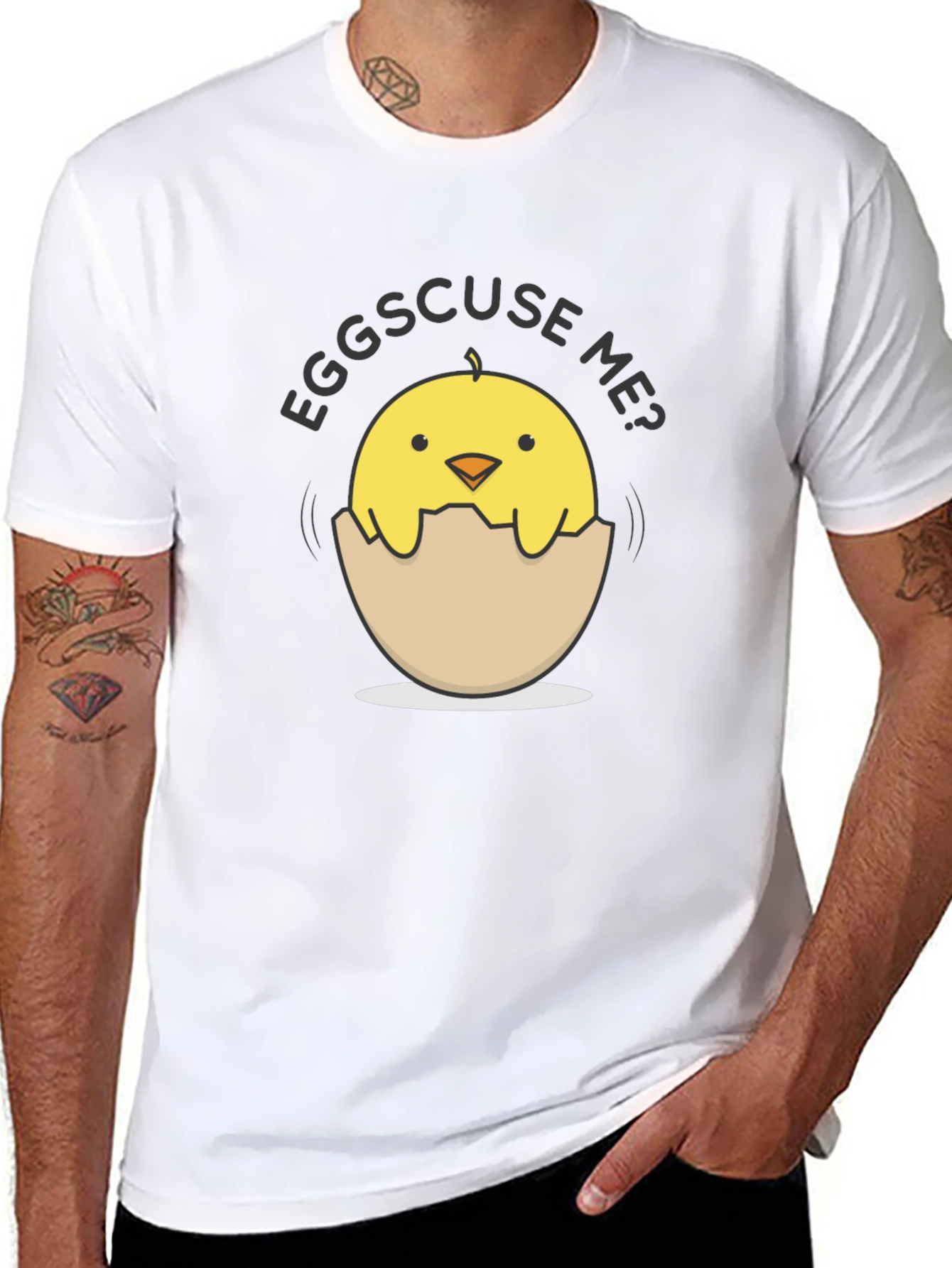 Eggs-cuse Me Chick Tee - Funny Egg Pun T-Shirt