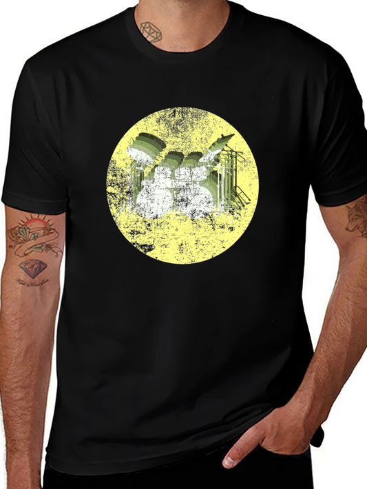 Grunge Drum Set Graphic Tee - Black Cotton Comfort