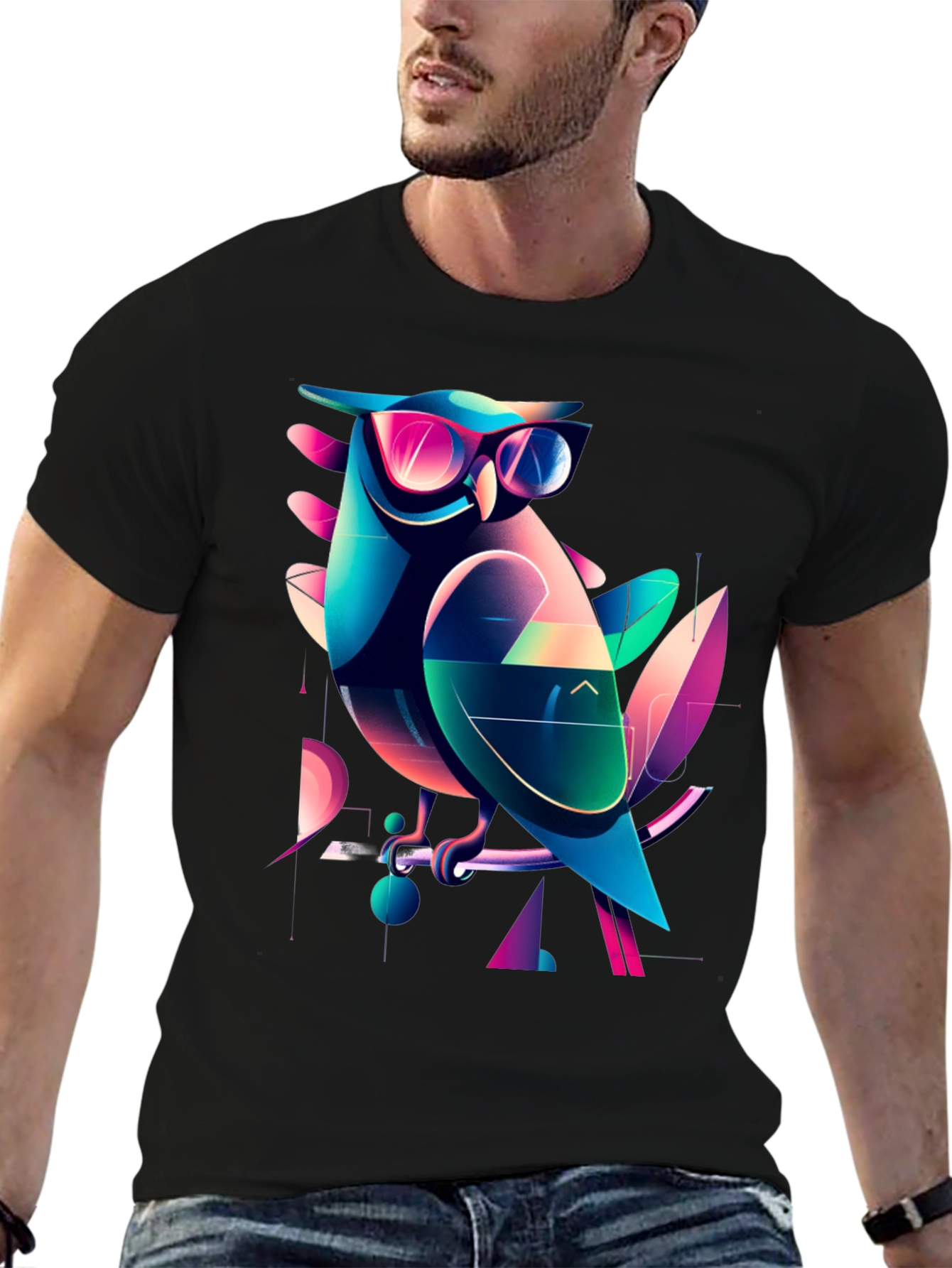 Cool Owl Graphic Tee - Trendy Mens Black T-Shirt