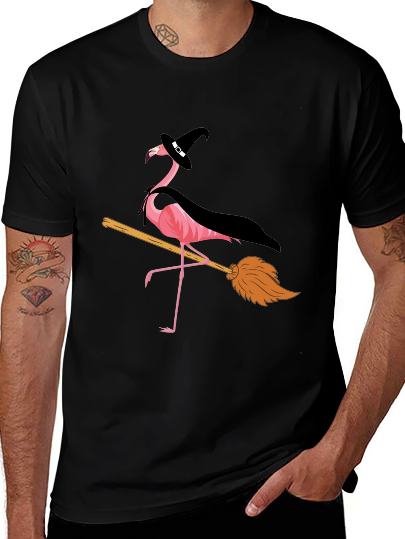 Halloween Flamingo T-Shirt: Witch on a Broomstick