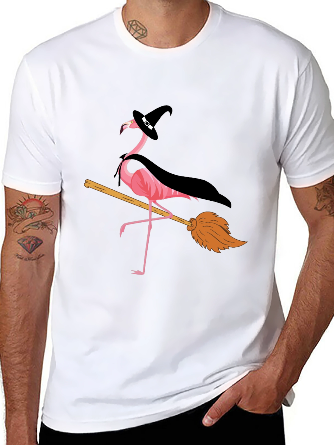 Halloween Flamingo T-Shirt: Witch on a Broomstick