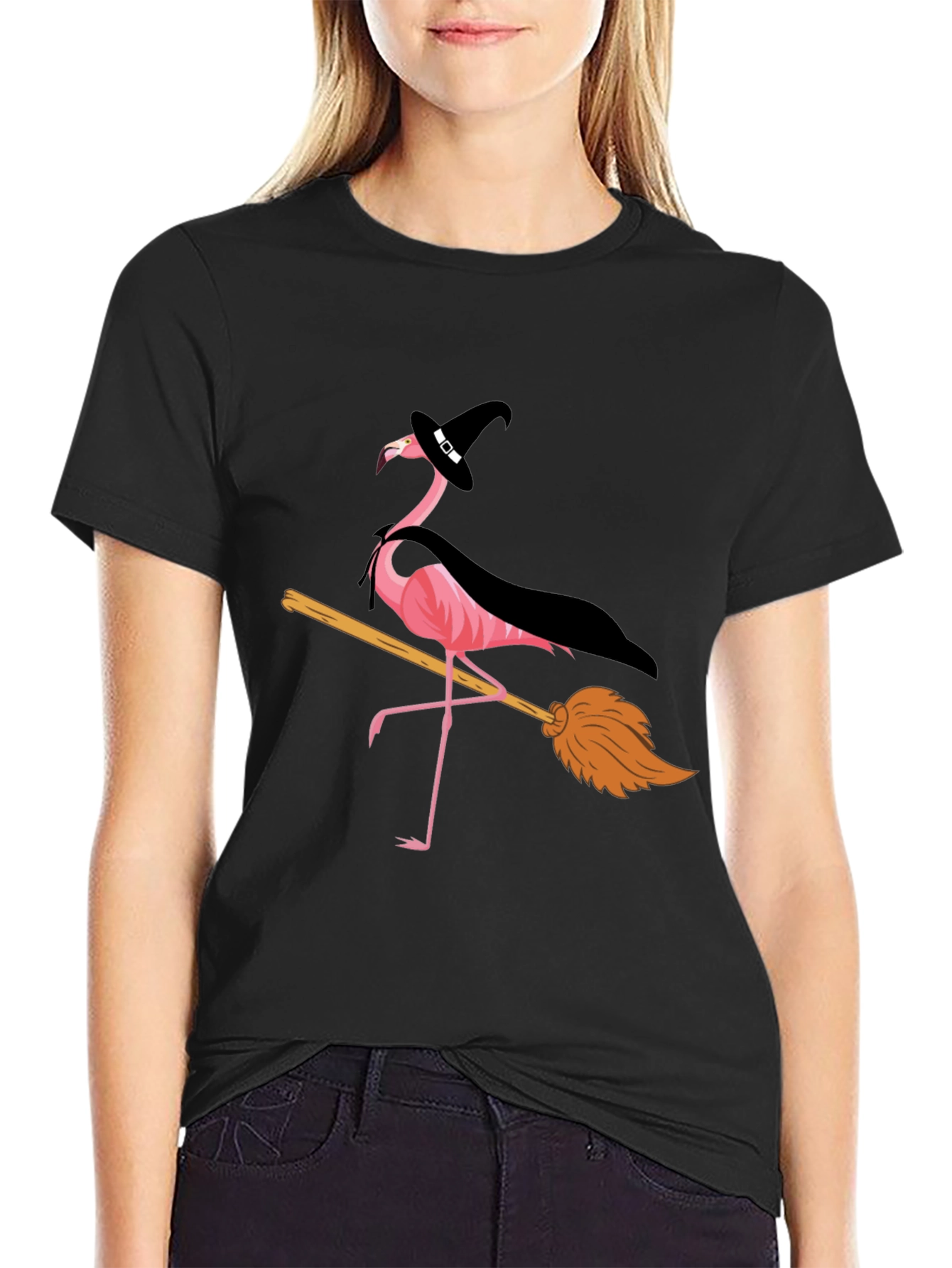 Halloween Flamingo T-Shirt: Witch on a Broomstick