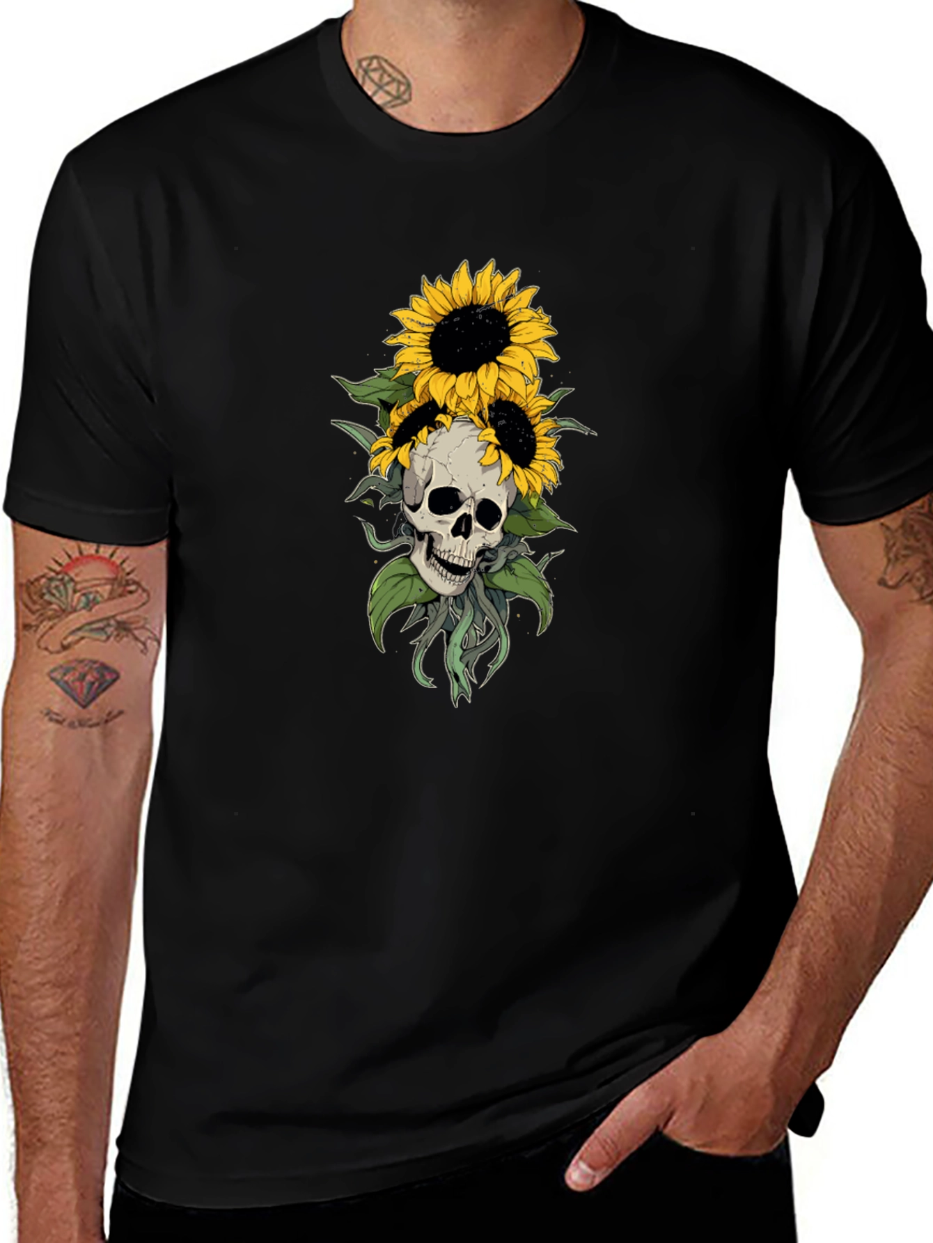 Skull & Sunflower Graphic Tee - Black Cotton