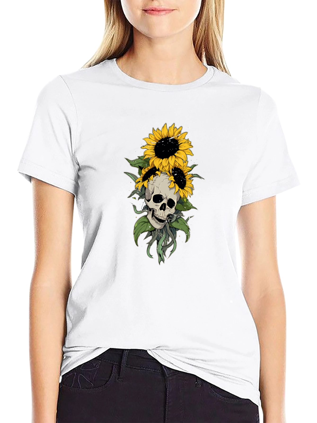 Skull & Sunflower Graphic Tee - Black Cotton