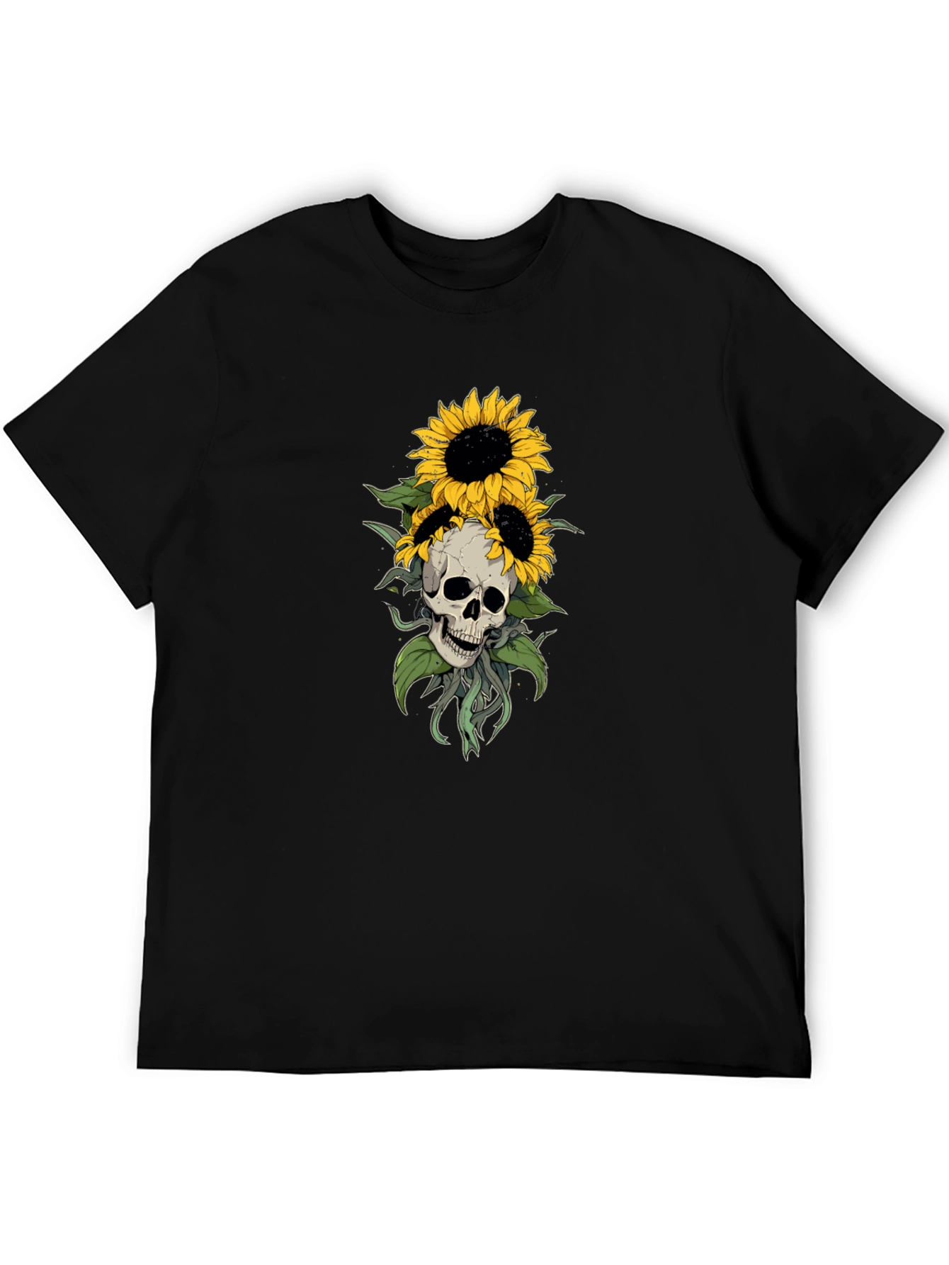 Skull & Sunflower Graphic Tee - Black Cotton