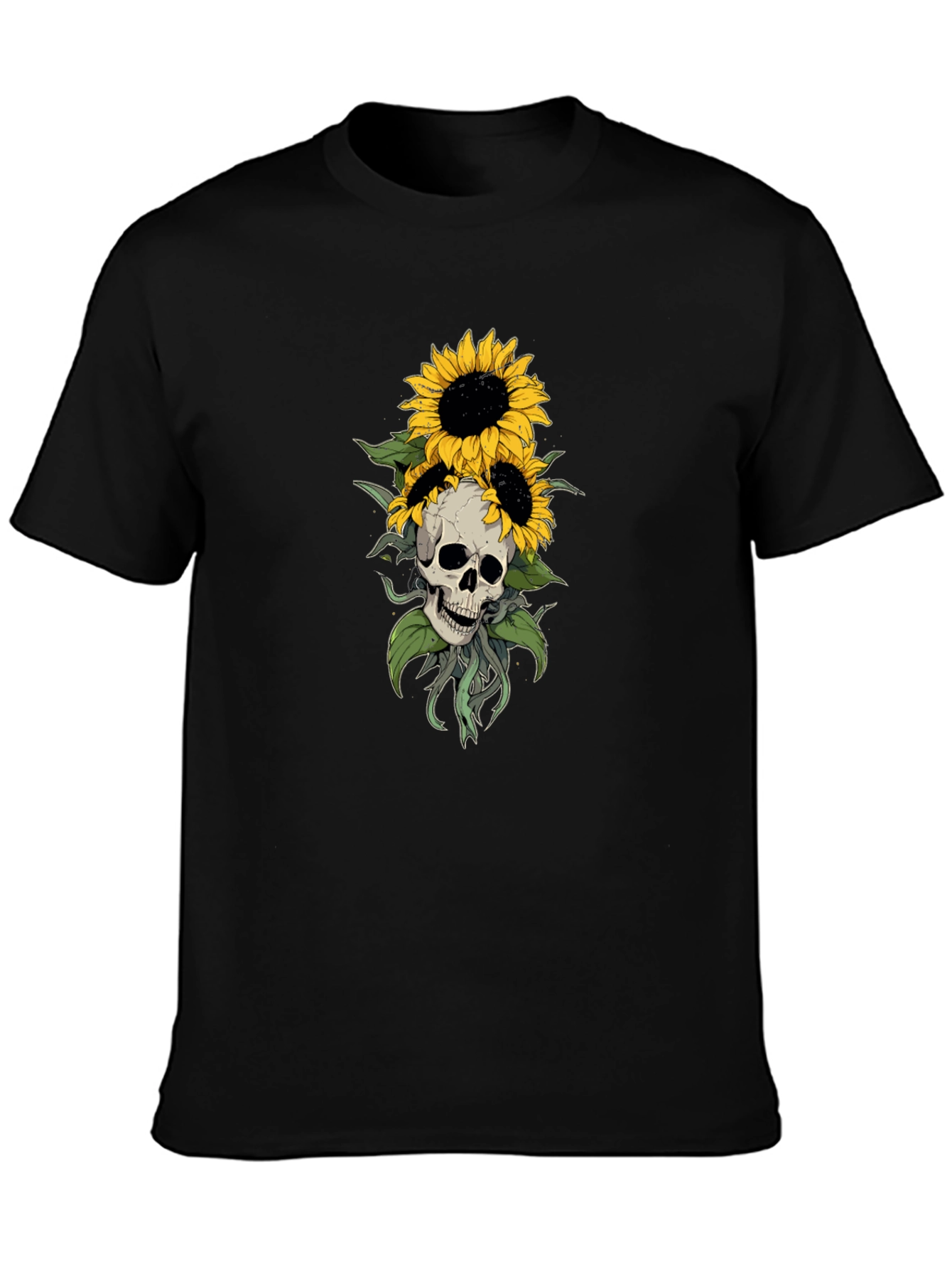 Skull & Sunflower Graphic Tee - Black Cotton