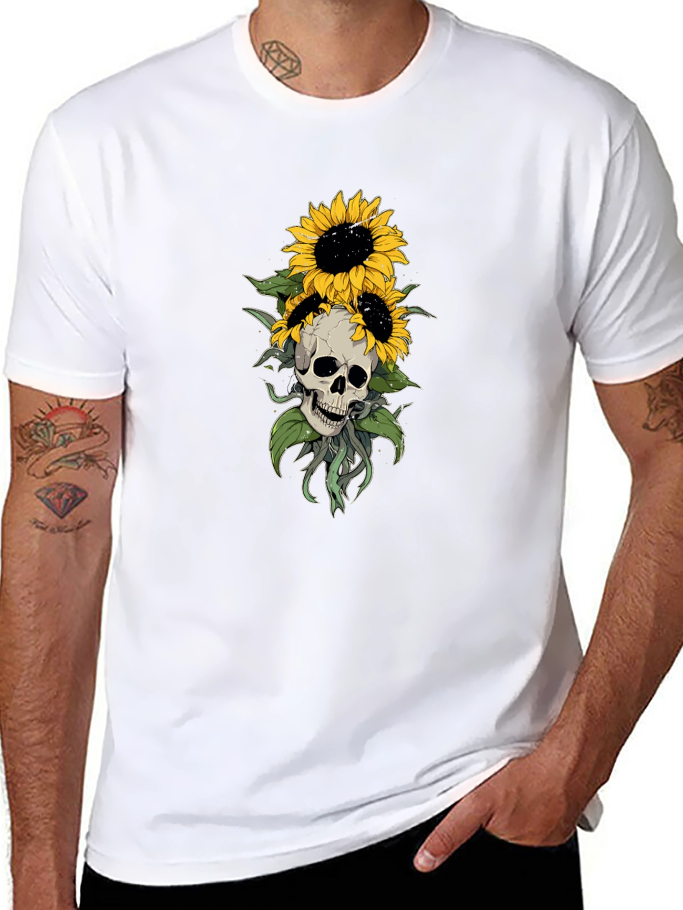 Skull & Sunflower Graphic Tee - Black Cotton
