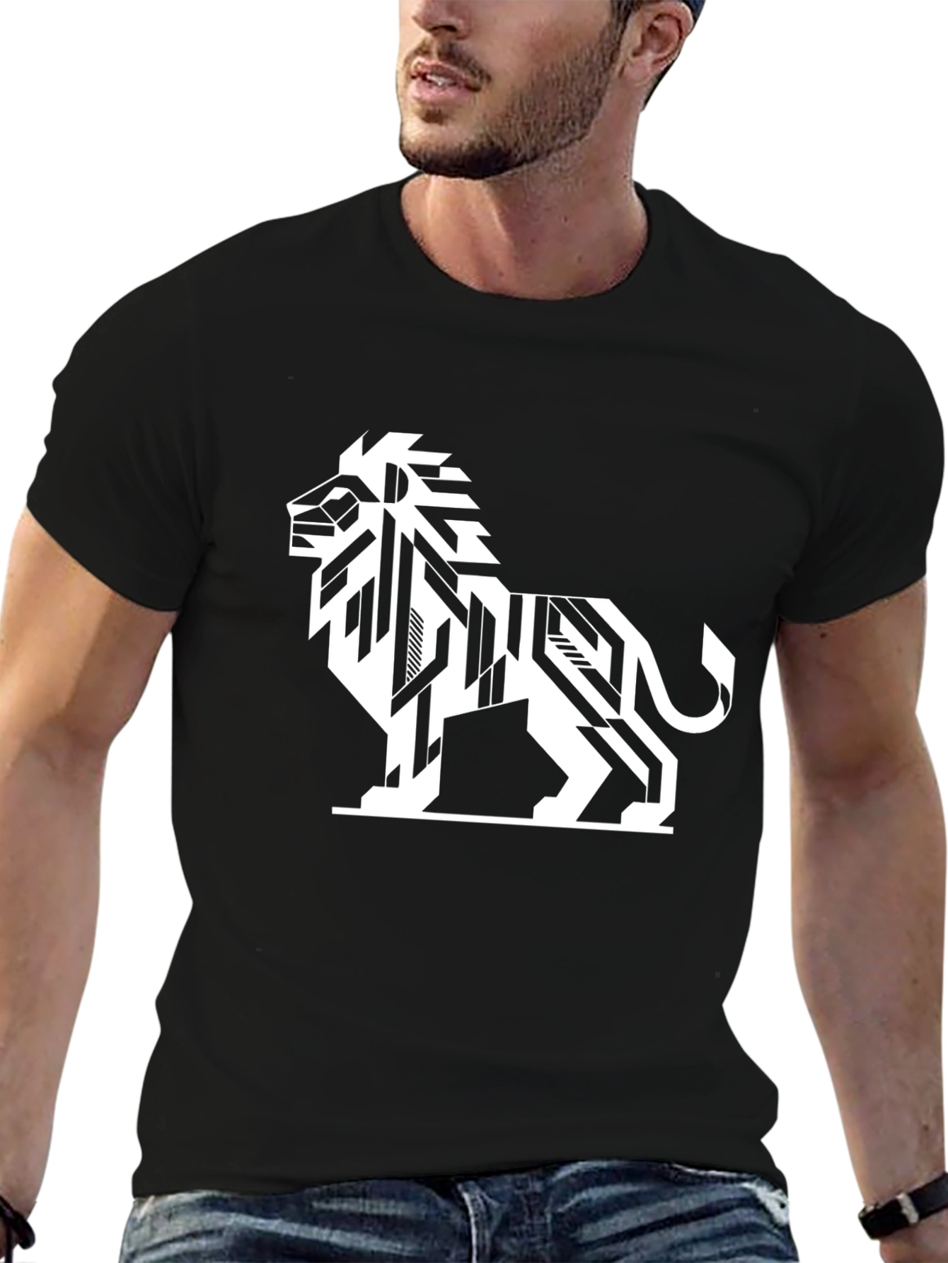 Geometric Lion Graphic Tee - Modern Black T-Shirt