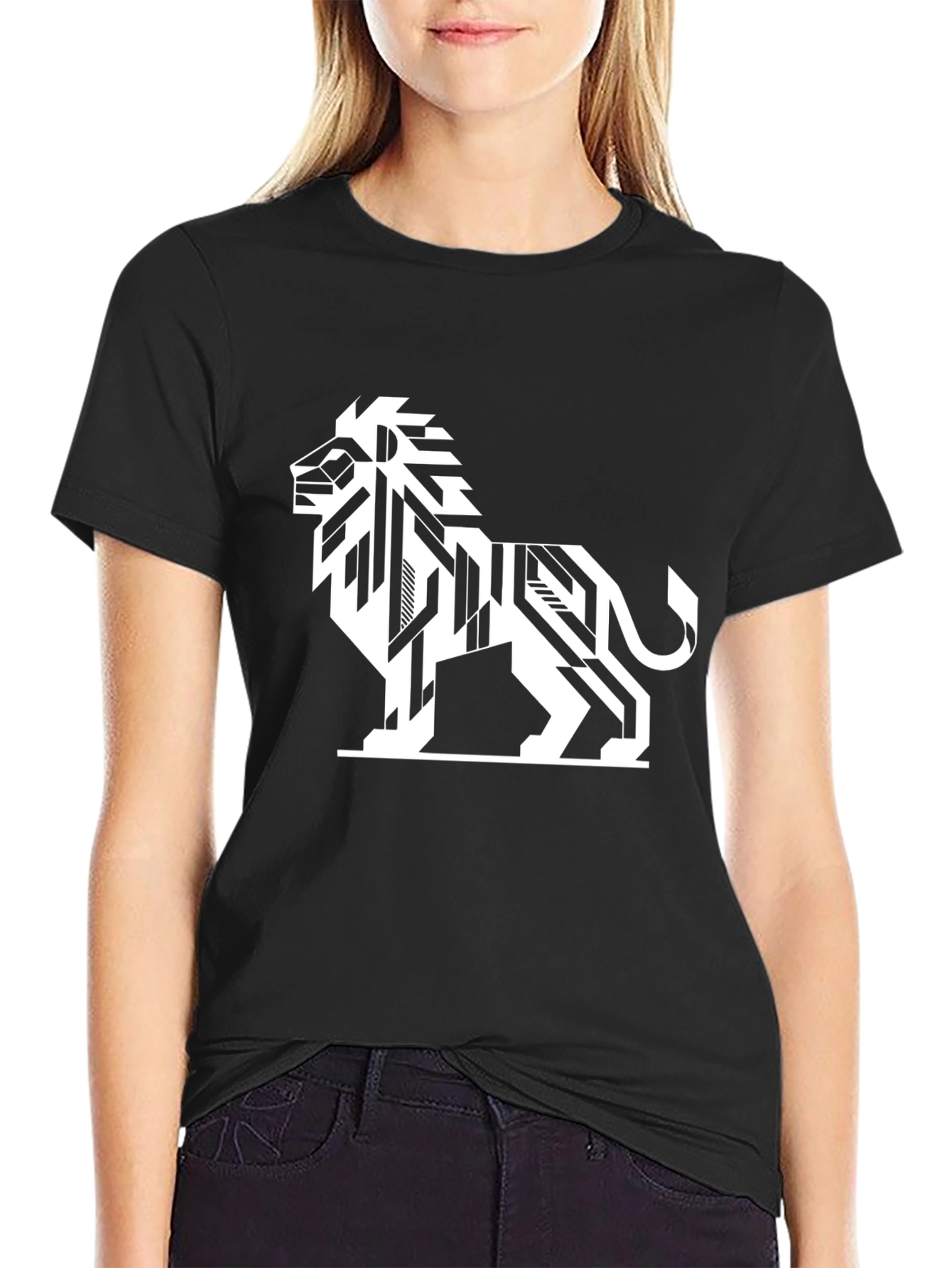 Geometric Lion Graphic Tee - Modern Black T-Shirt