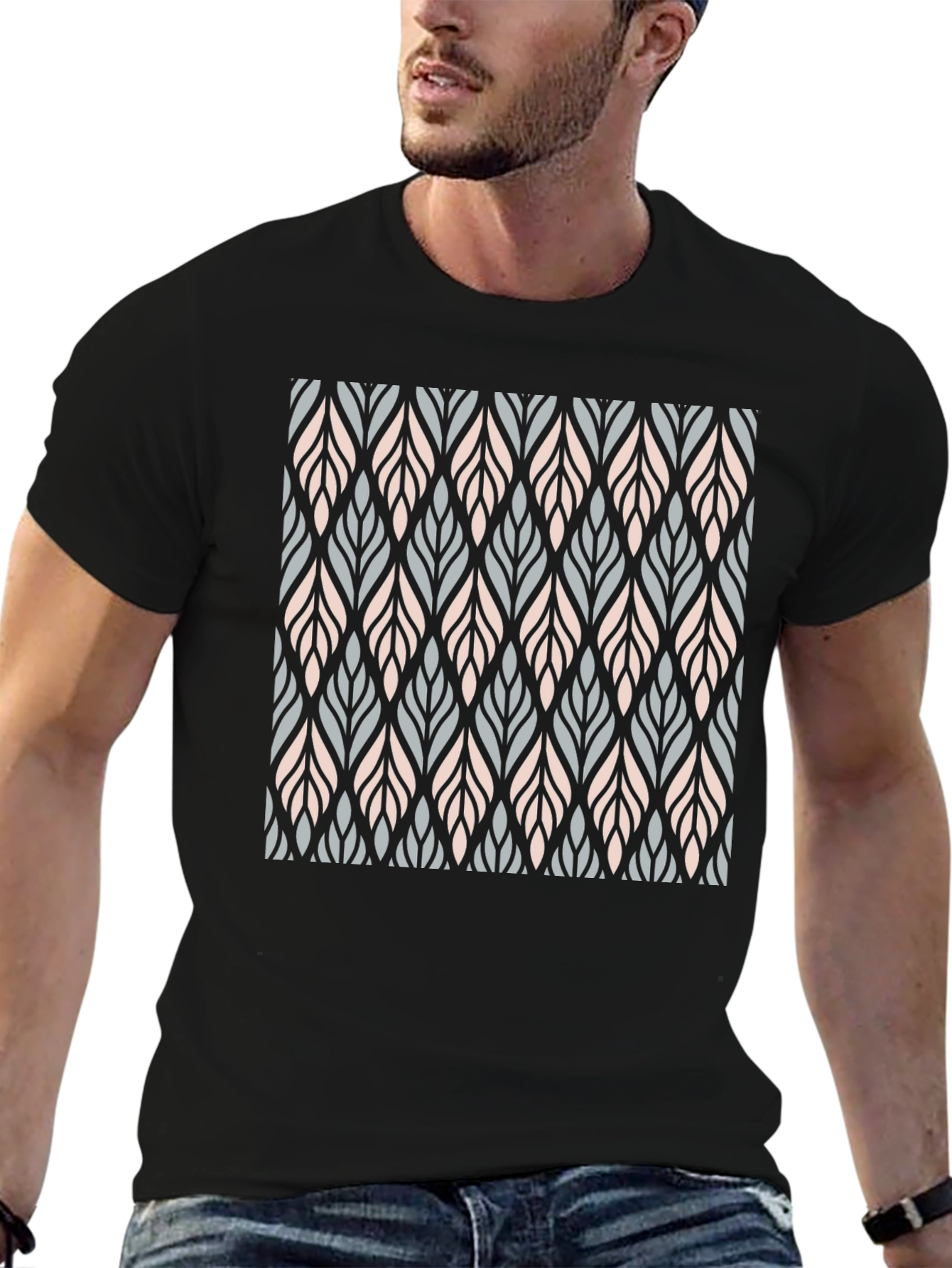 Stylish Leaf Pattern Black T-Shirt