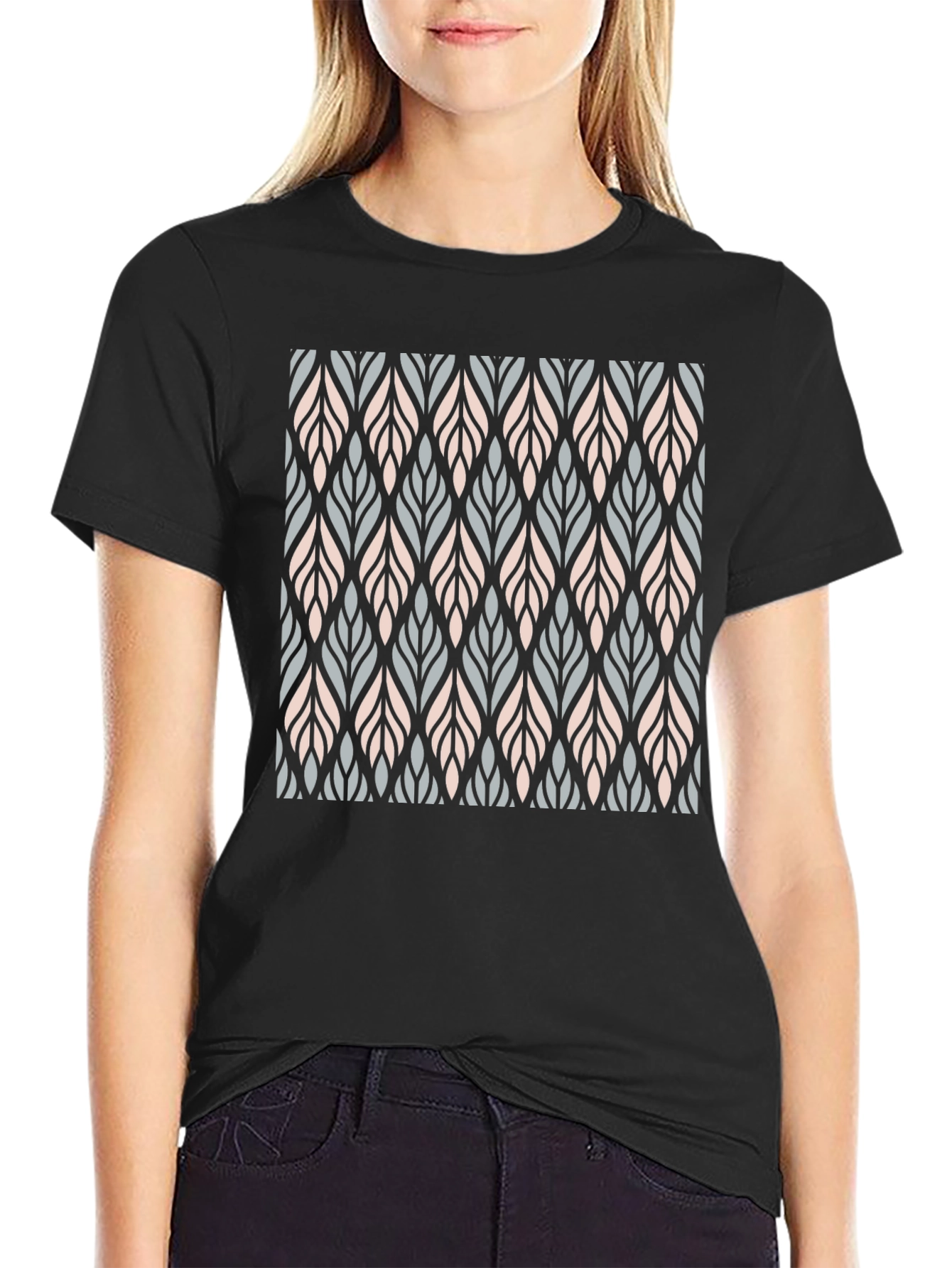 Stylish Leaf Pattern Black T-Shirt