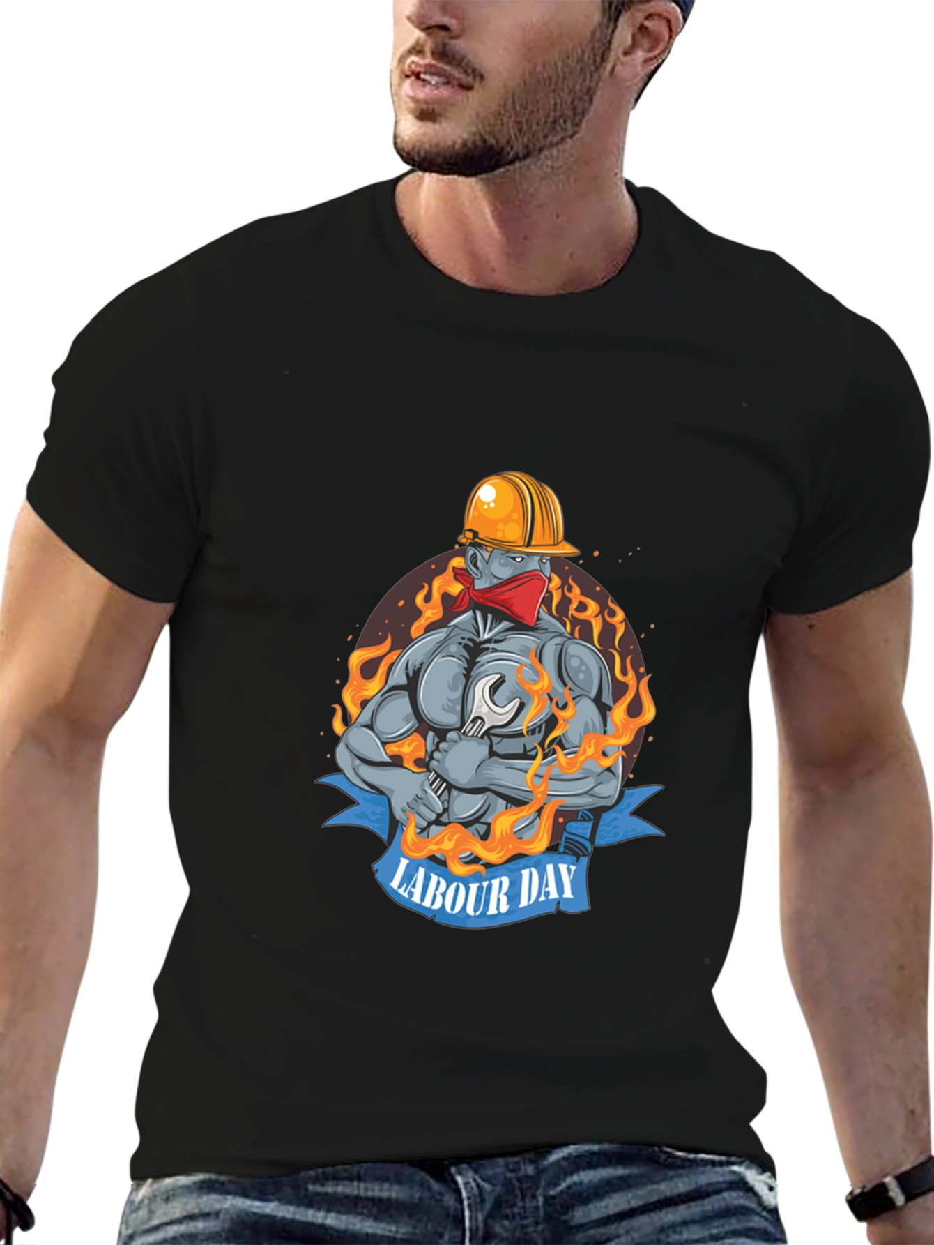 Labour Day Graphic Print Black T-Shirt