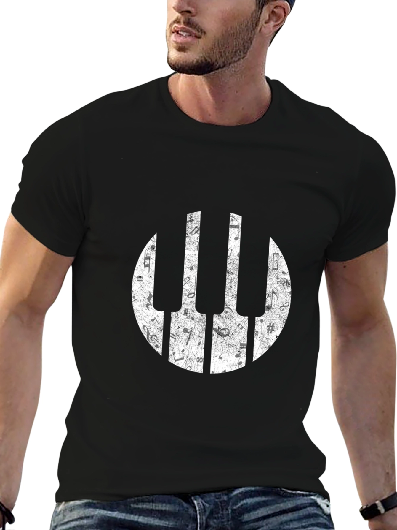 Musical Piano Keys Notes Graphic Black T-Shirt
