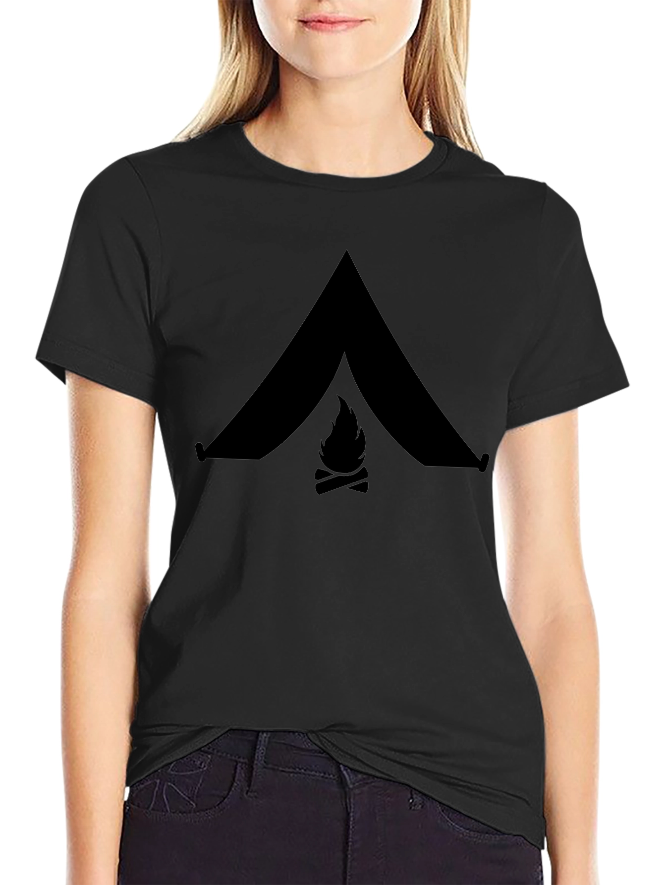 Camping Tent & Bonfire Graphic Black T-Shirt