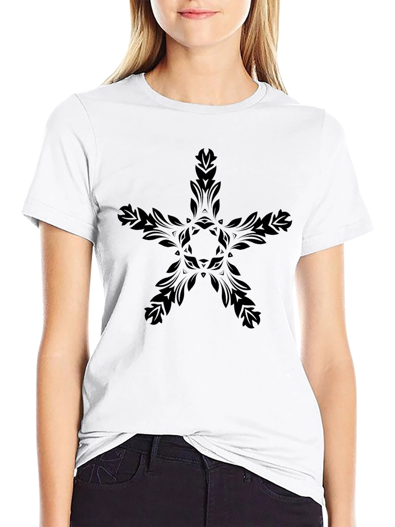 Elegant Black Star Floral Graphic T-Shirt