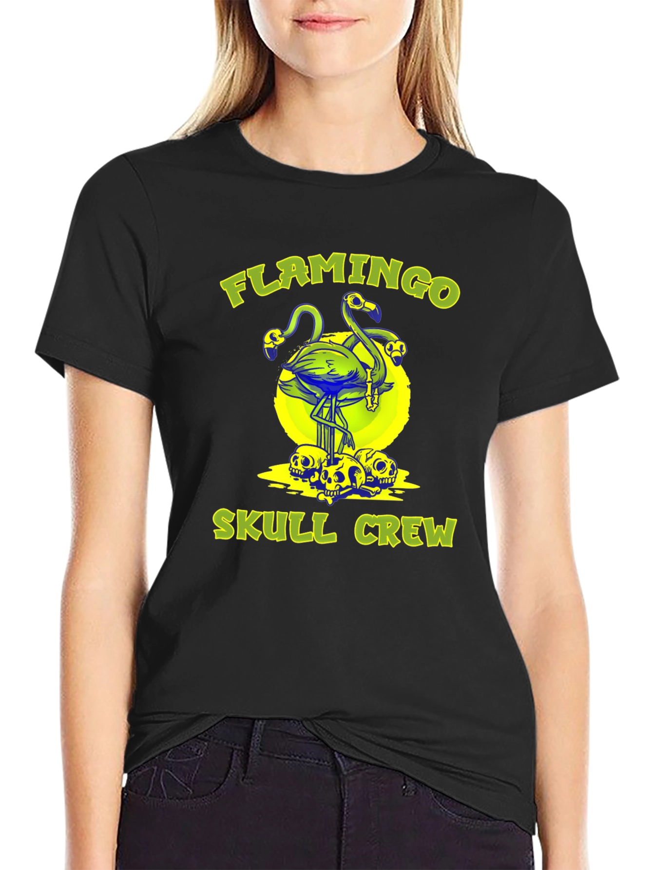 Flamingo Skull Crew Black Graphic Tee