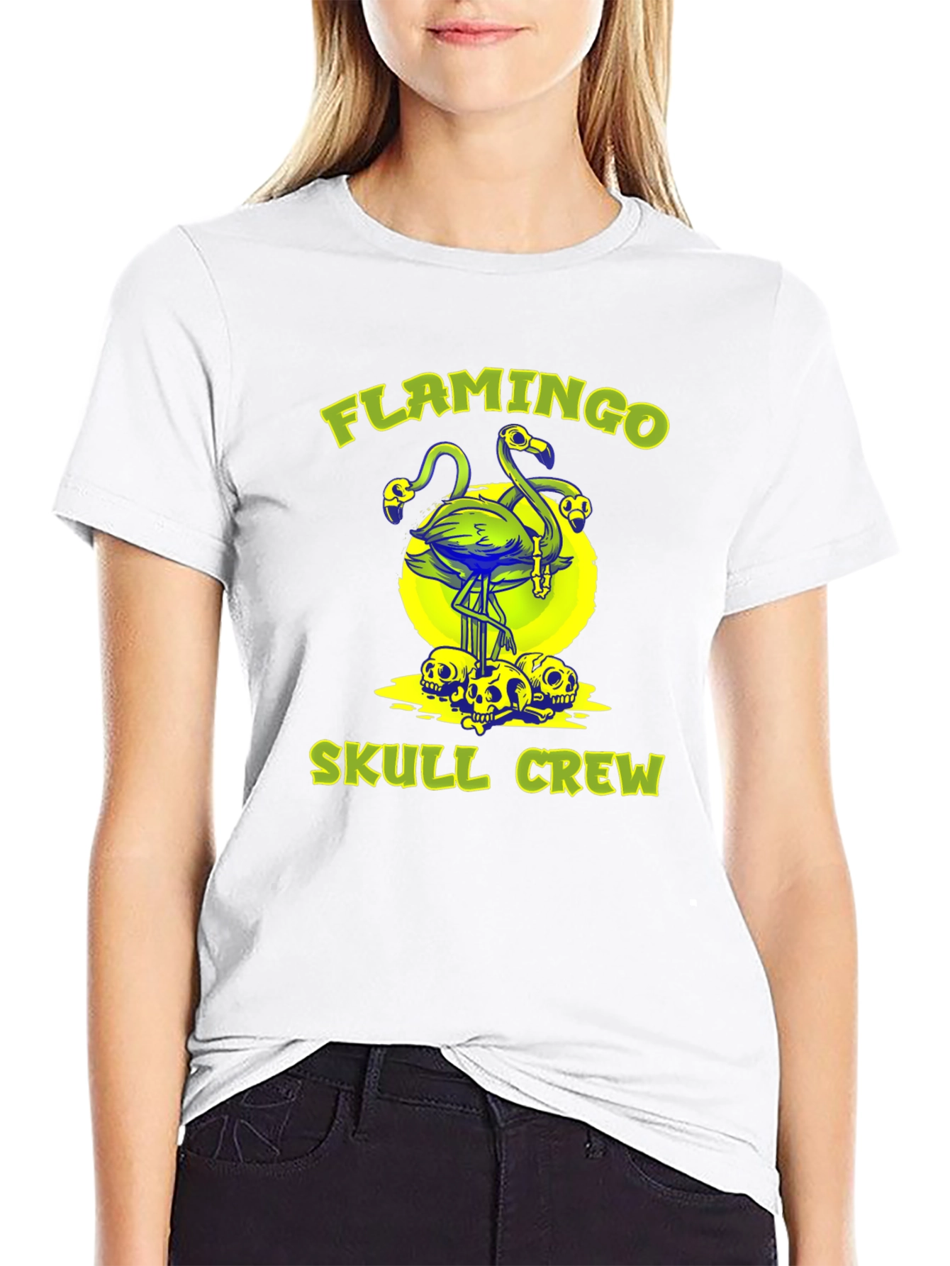 Flamingo Skull Crew Black Graphic Tee
