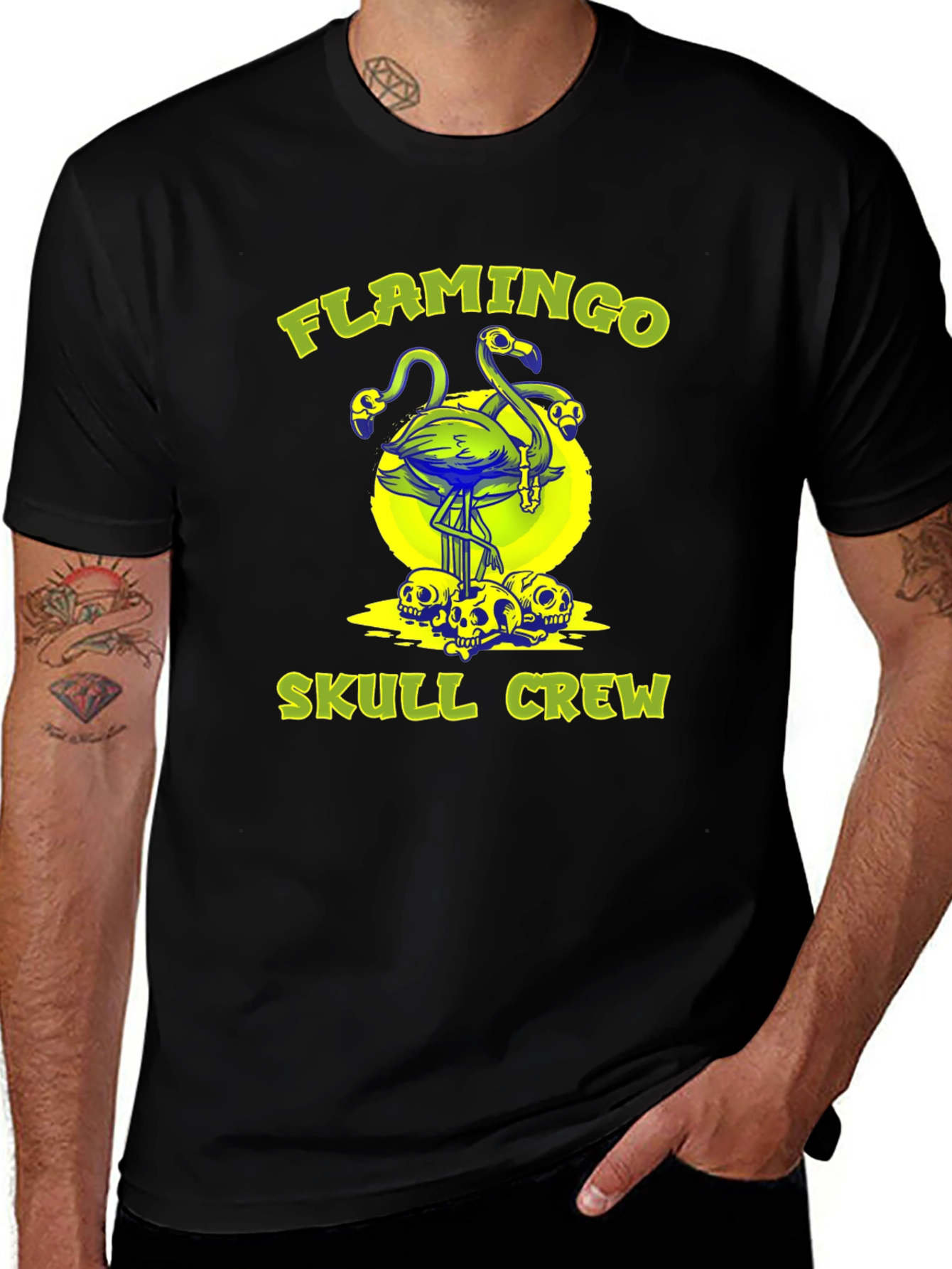 Flamingo Skull Crew Black Graphic Tee