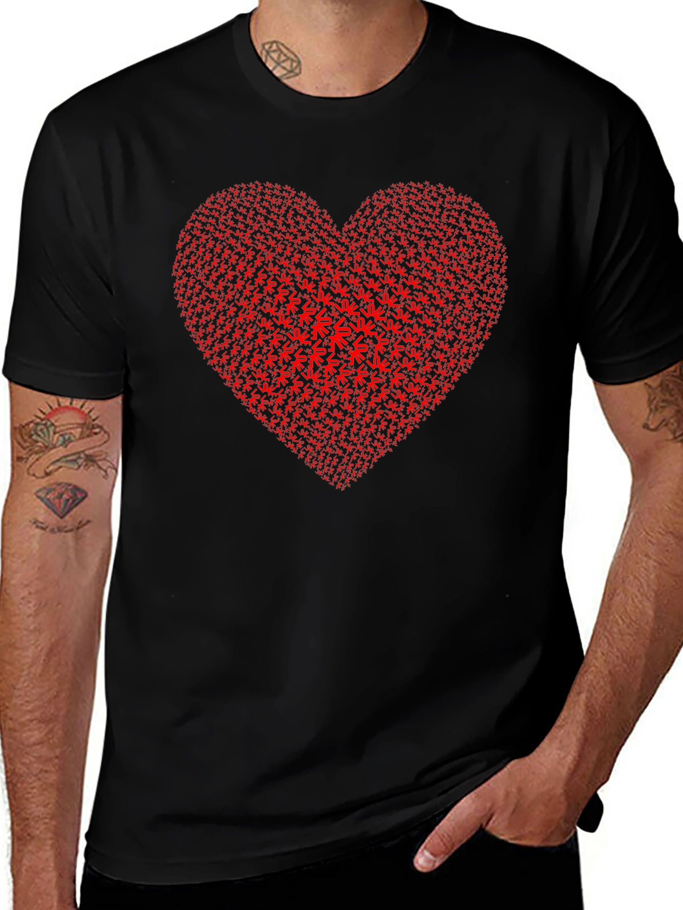 Red Heart Weed Leaf Pattern Black T-Shirt