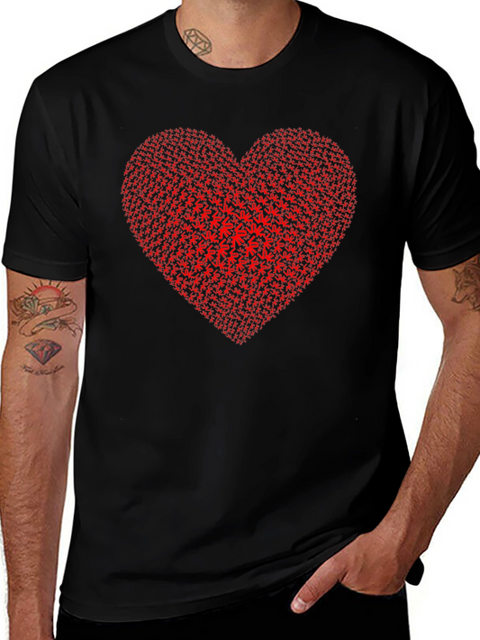 Red Heart Weed Leaf Pattern Black T-Shirt