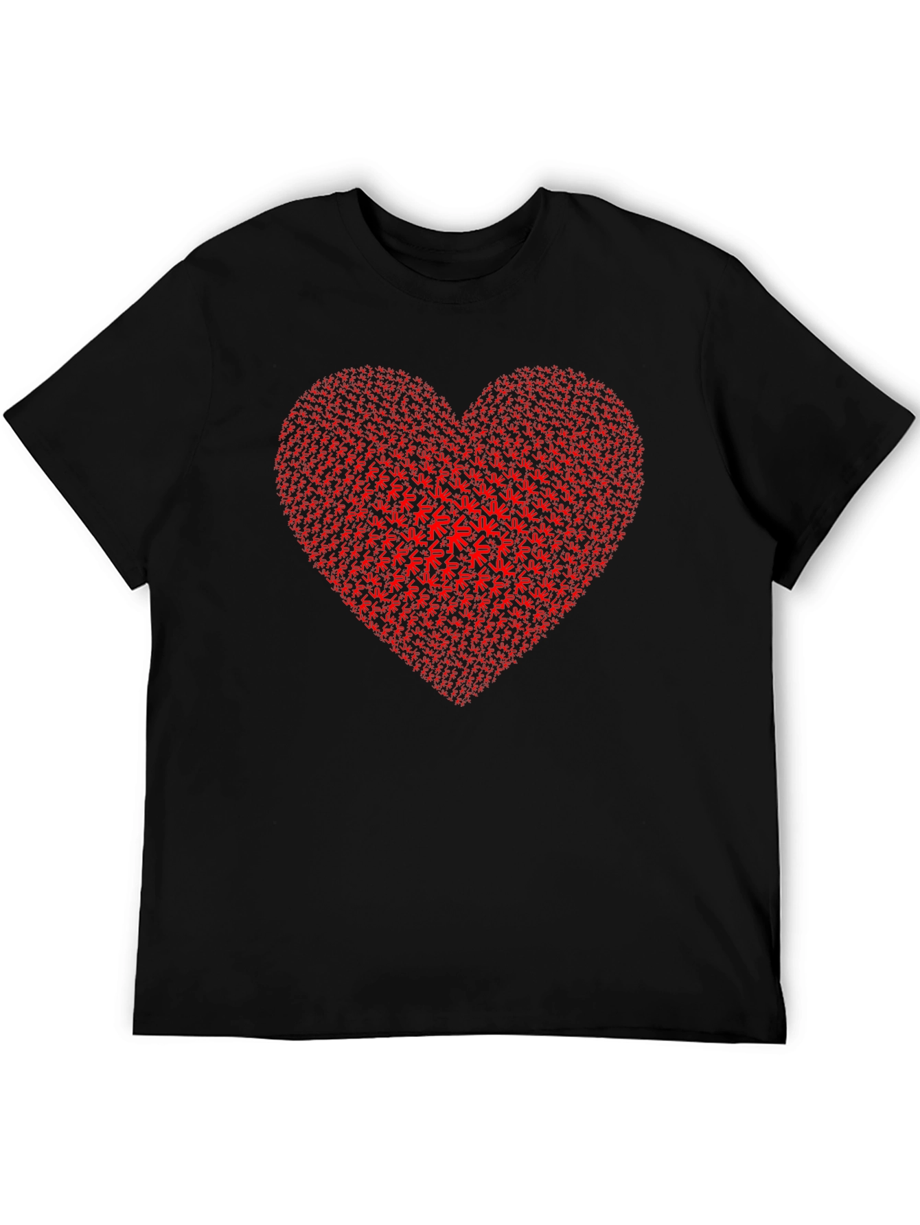 Red Heart Weed Leaf Pattern Black T-Shirt