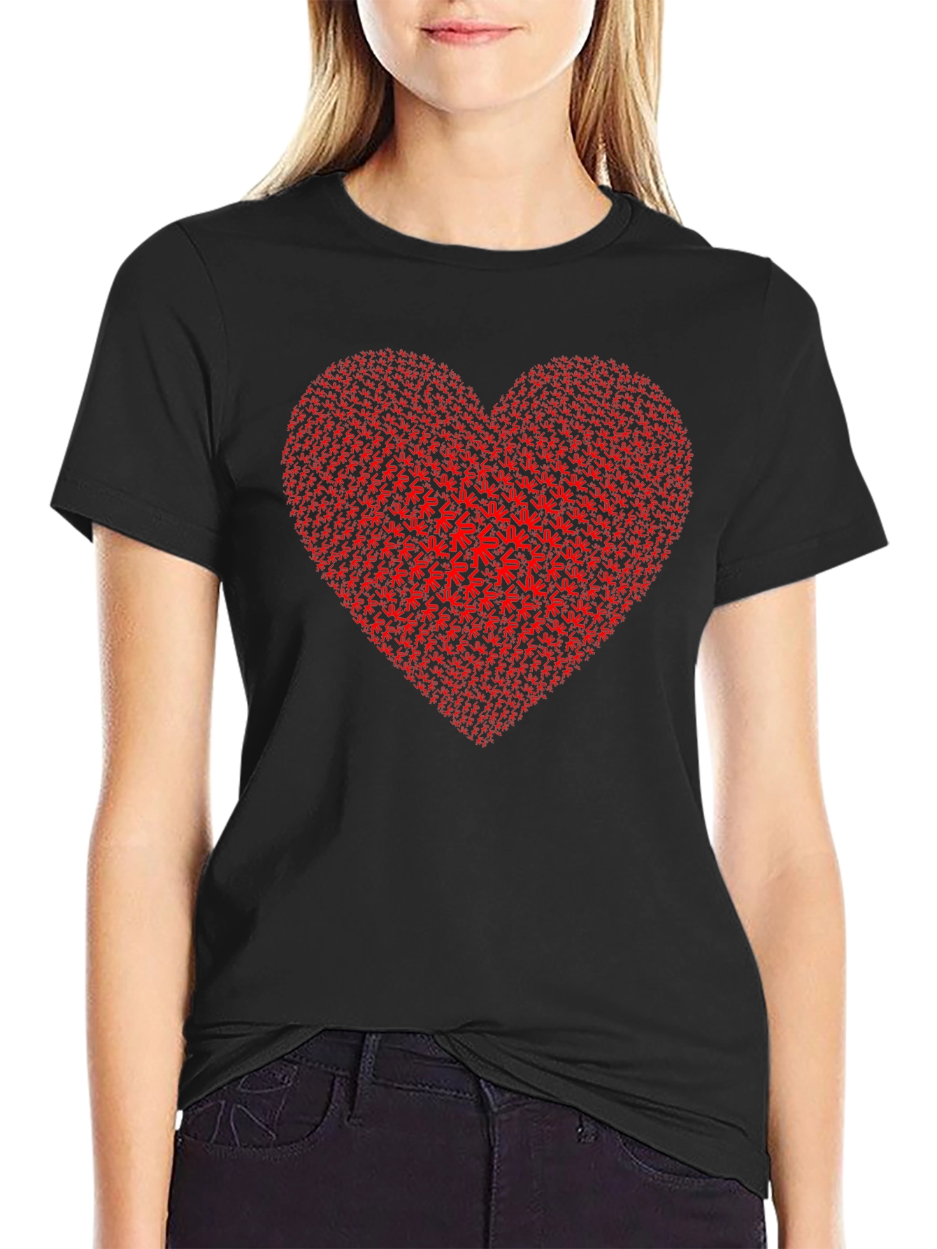 Red Heart Weed Leaf Pattern Black T-Shirt