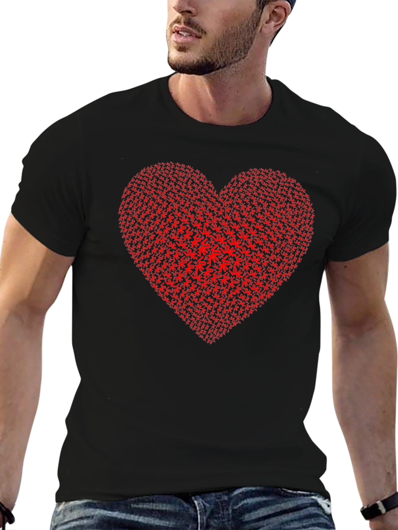 Red Heart Weed Leaf Pattern Black T-Shirt