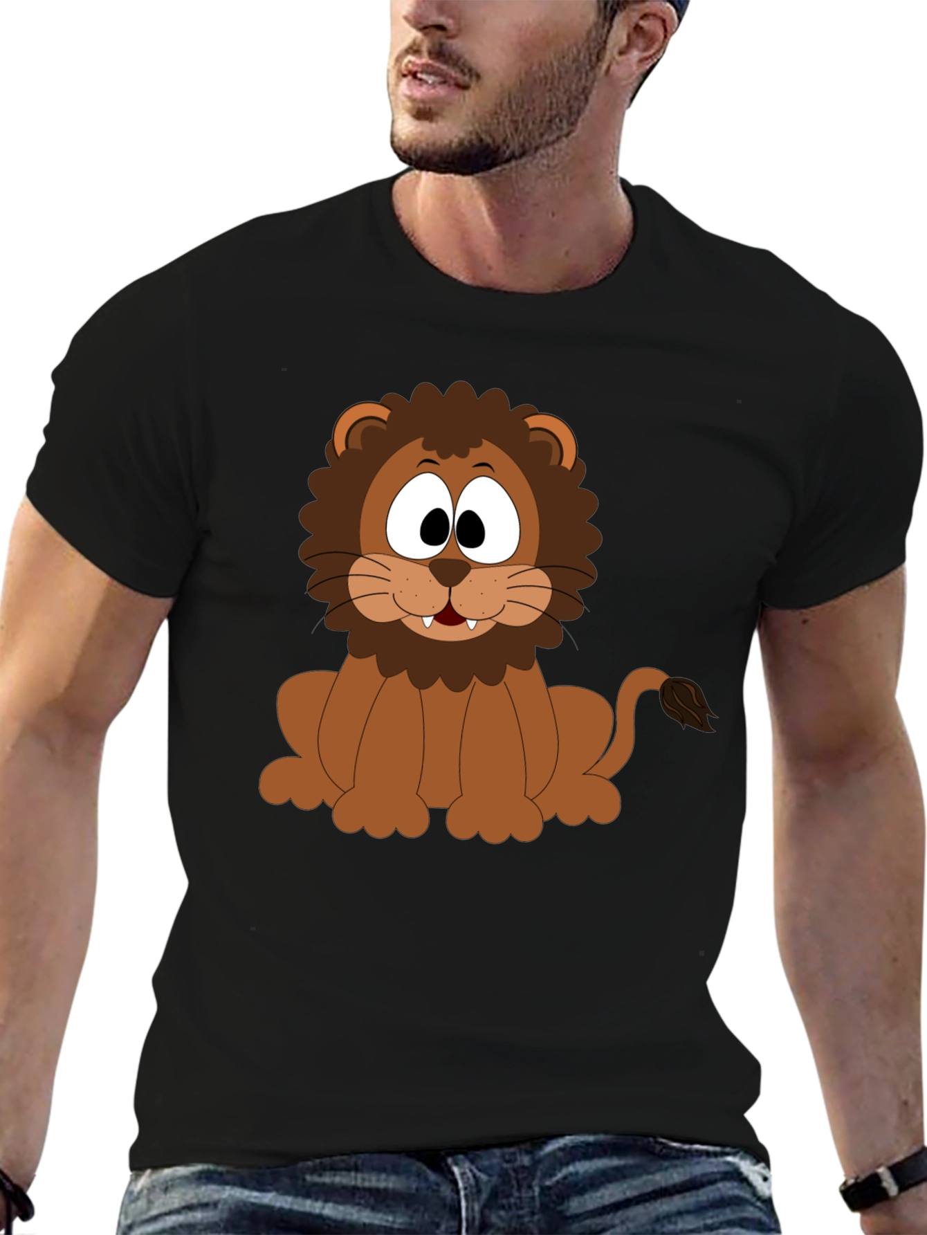 Cartoon Lion Graphic T-Shirt - Black Cotton Tee