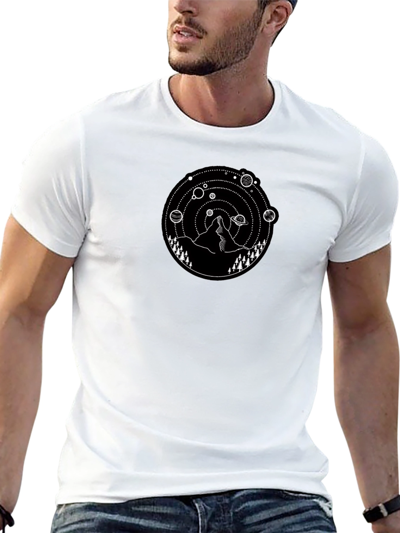 Mountain & Planets Graphic Tee - Stylish Black T-Shirt