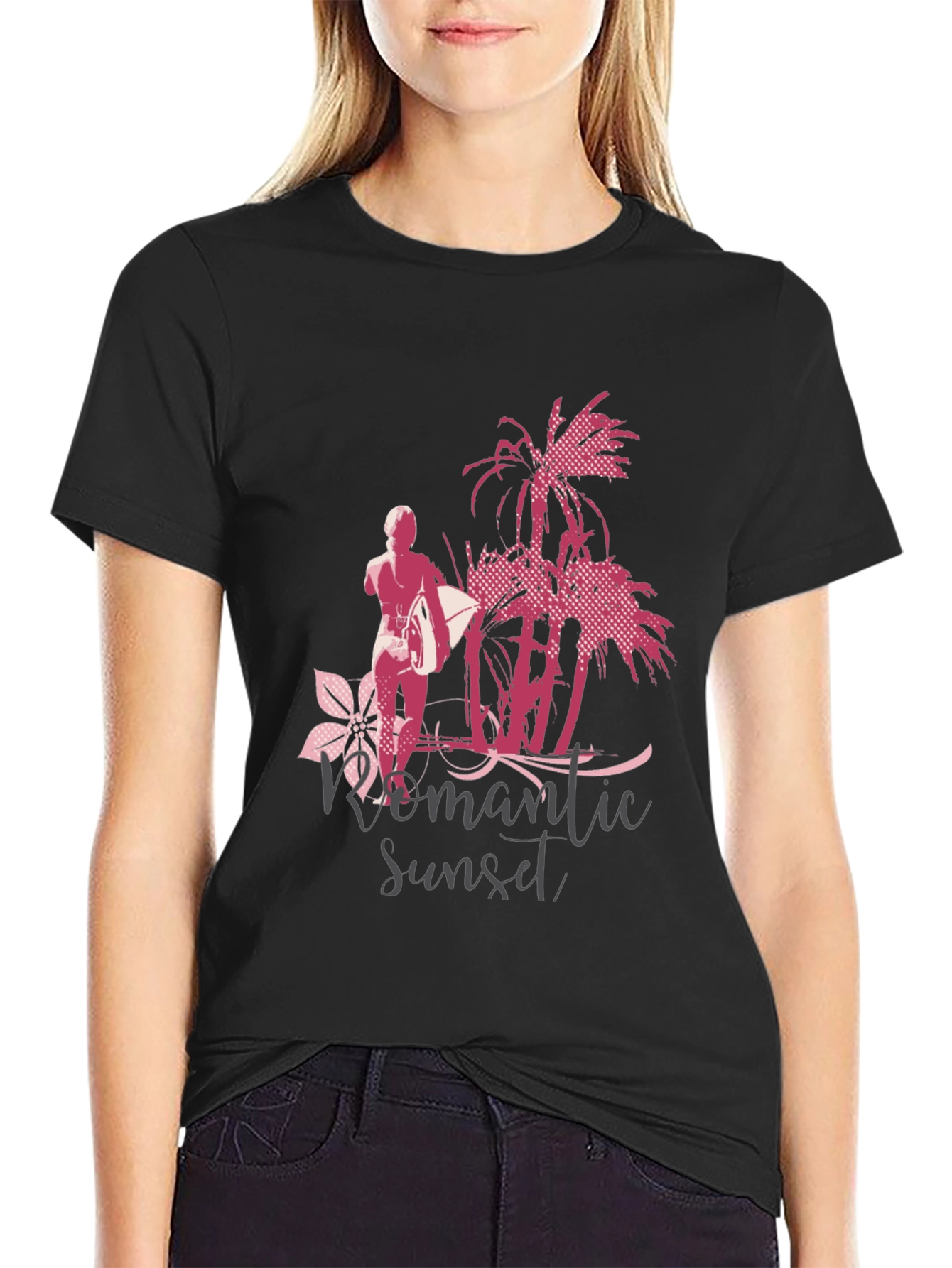Romantic Sunset Surfer Graphic T-Shirt - Black