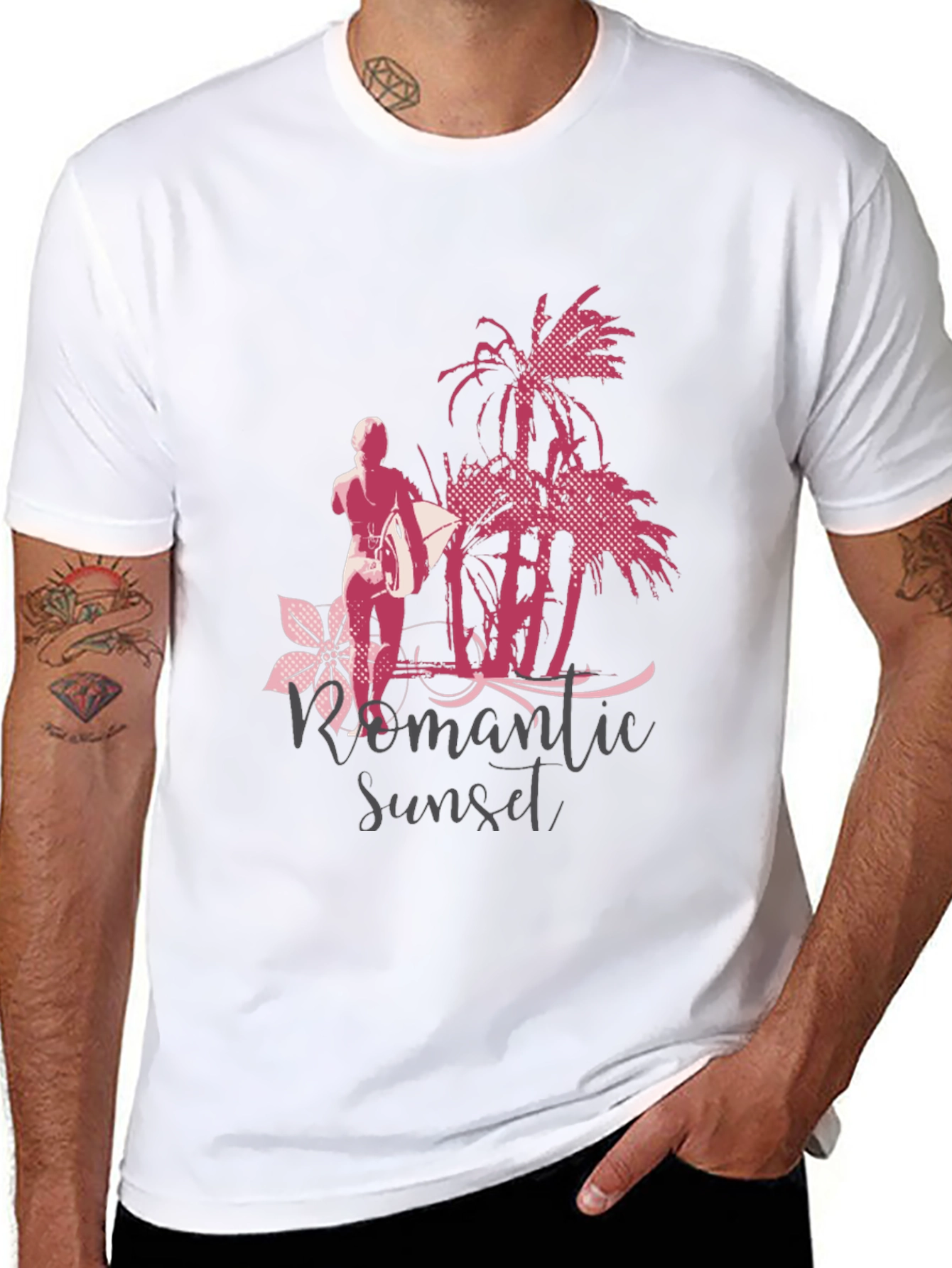 Romantic Sunset Surfer Graphic T-Shirt - Black