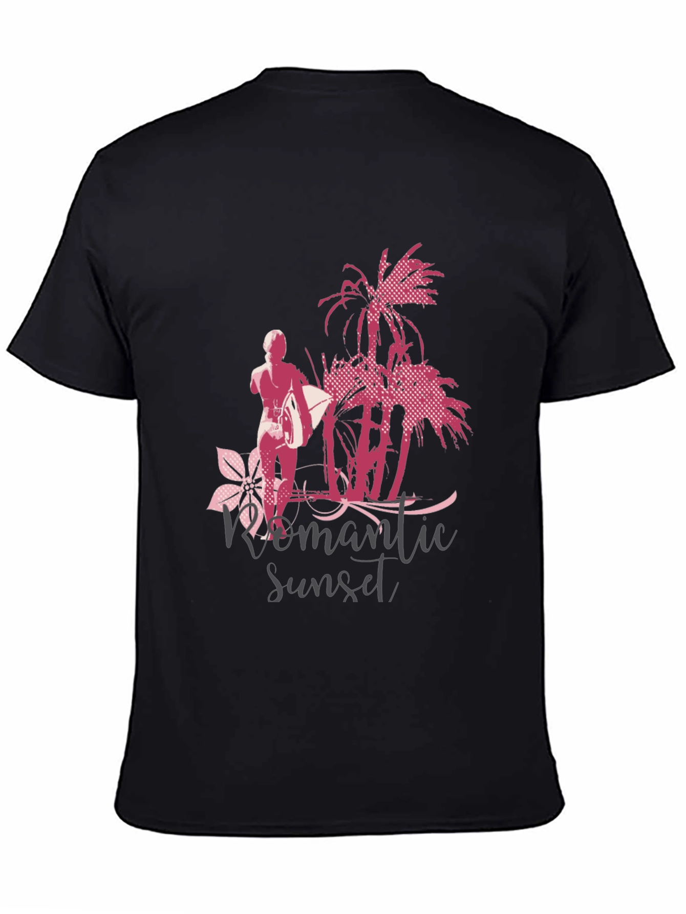 Romantic Sunset Surfer Graphic T-Shirt - Black