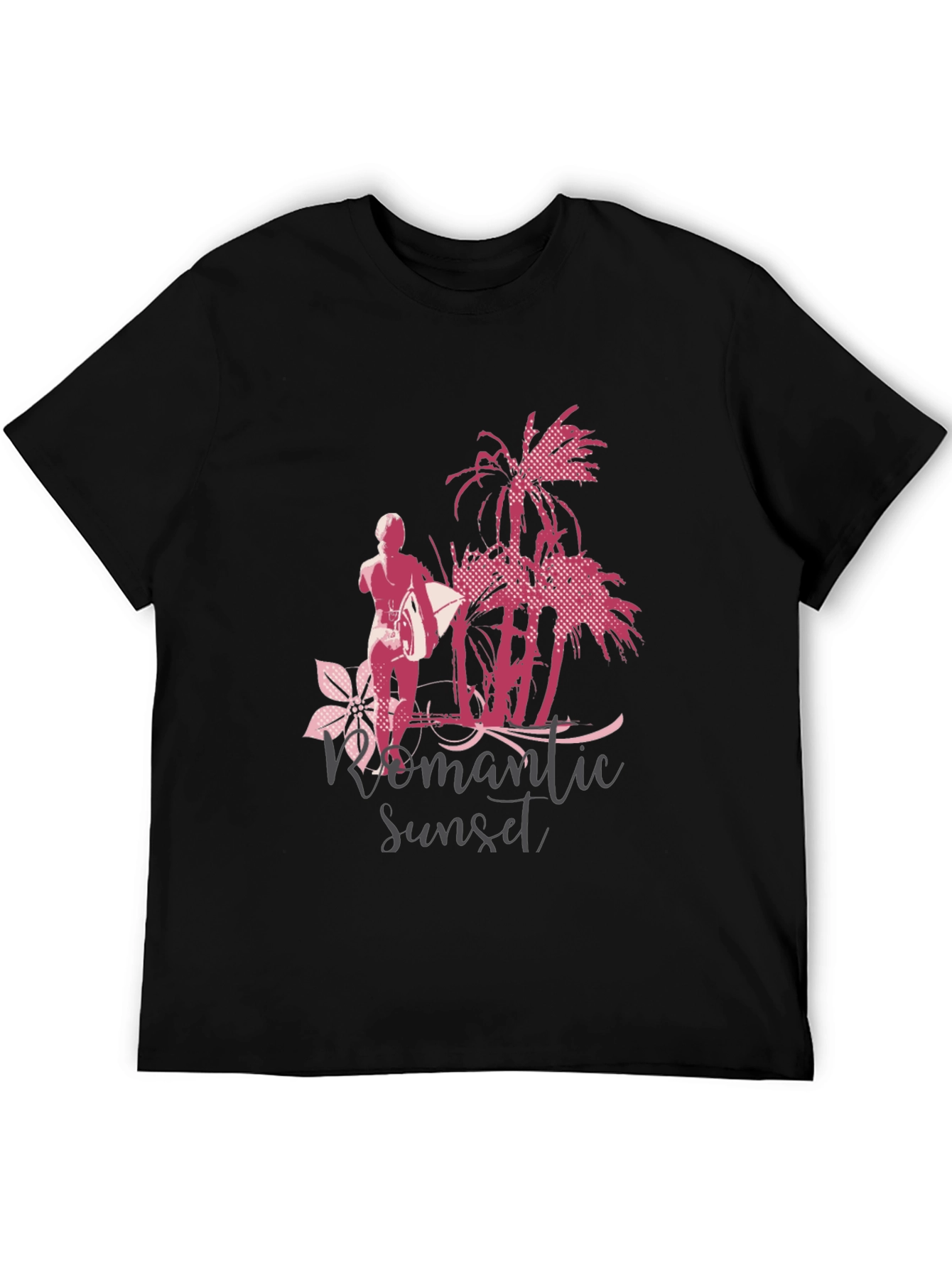 Romantic Sunset Surfer Graphic T-Shirt - Black