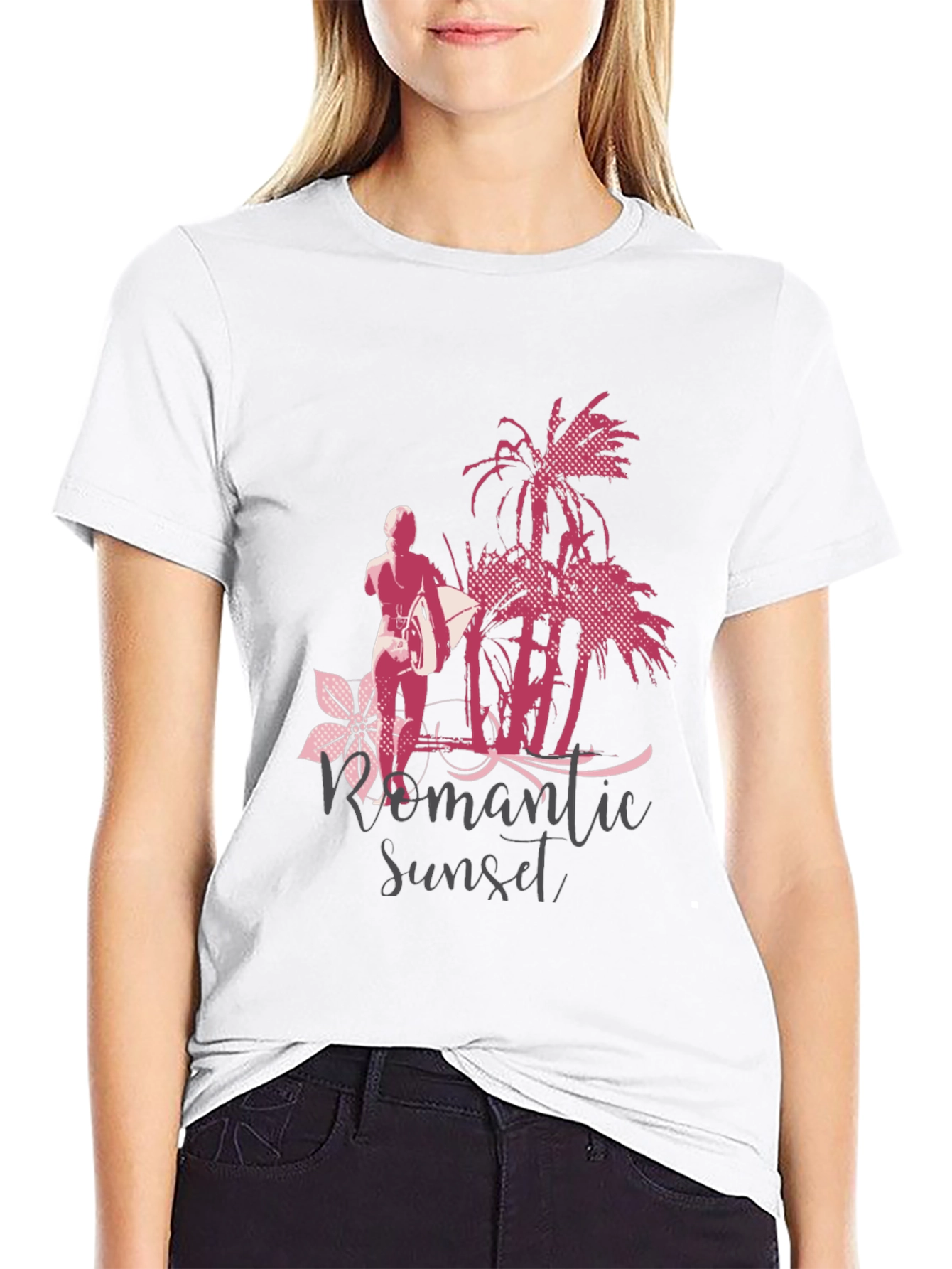 Romantic Sunset Surfer Graphic T-Shirt - Black