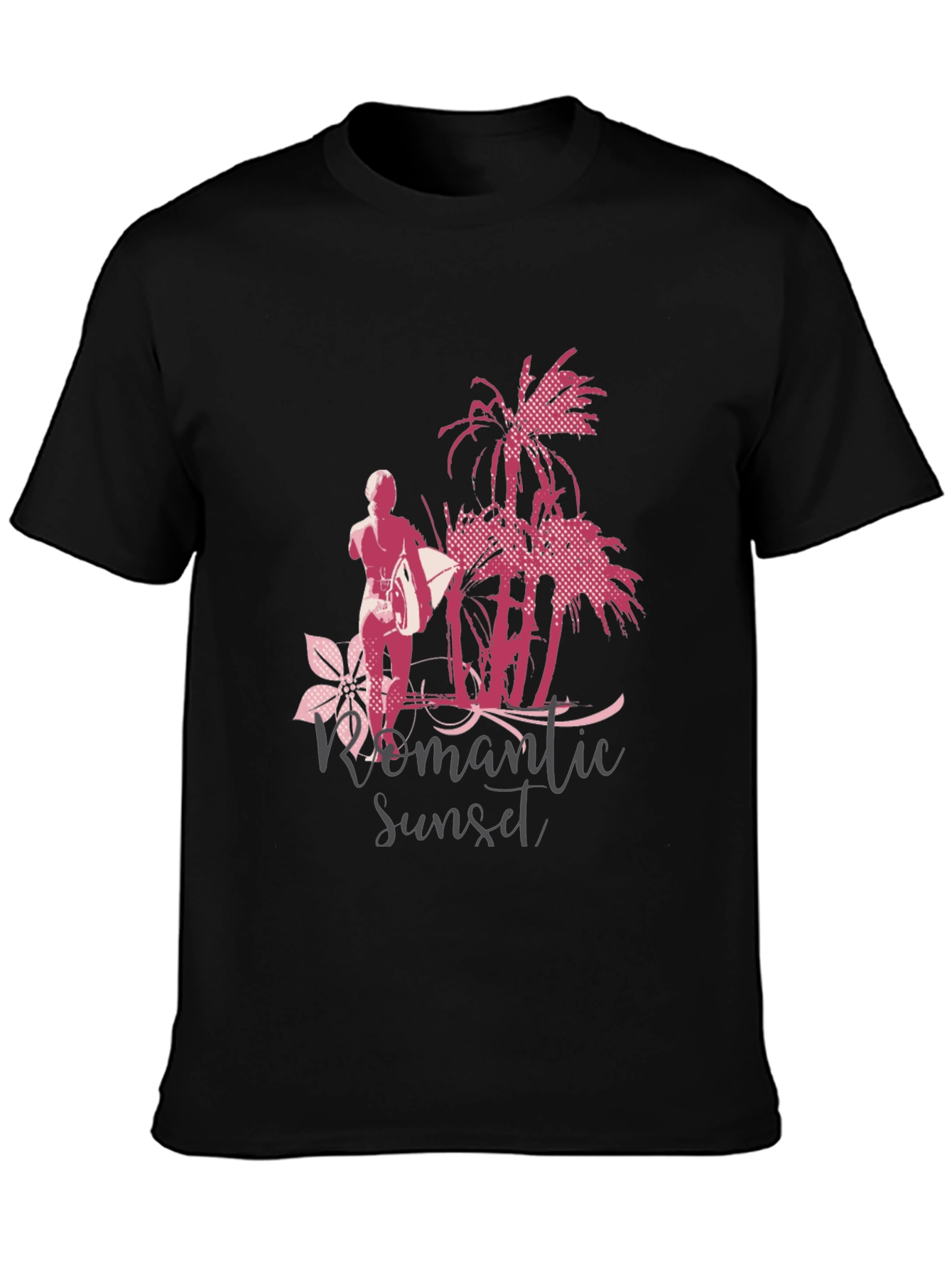 Romantic Sunset Surfer Graphic T-Shirt - Black