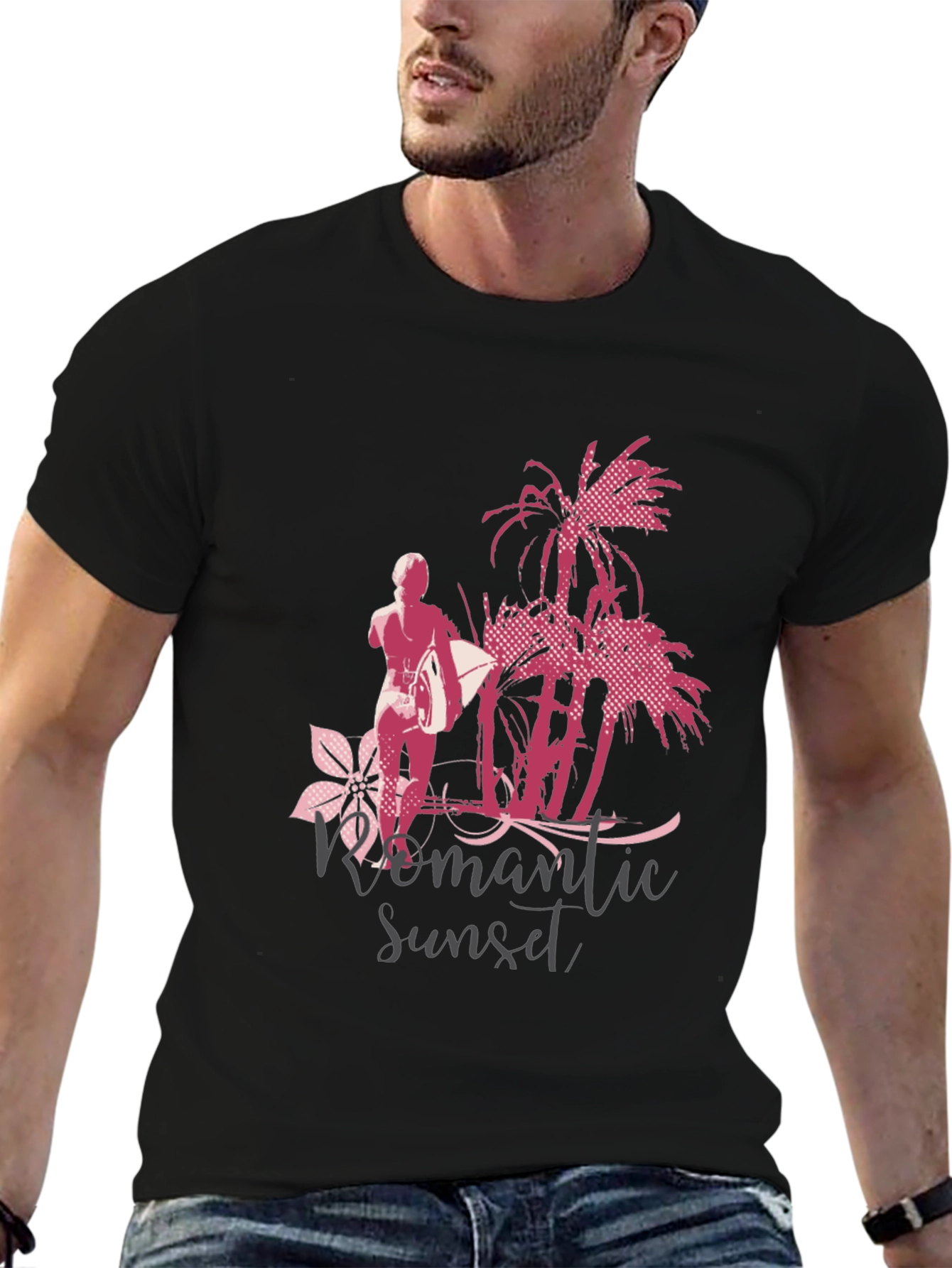 Romantic Sunset Surfer Graphic T-Shirt - Black