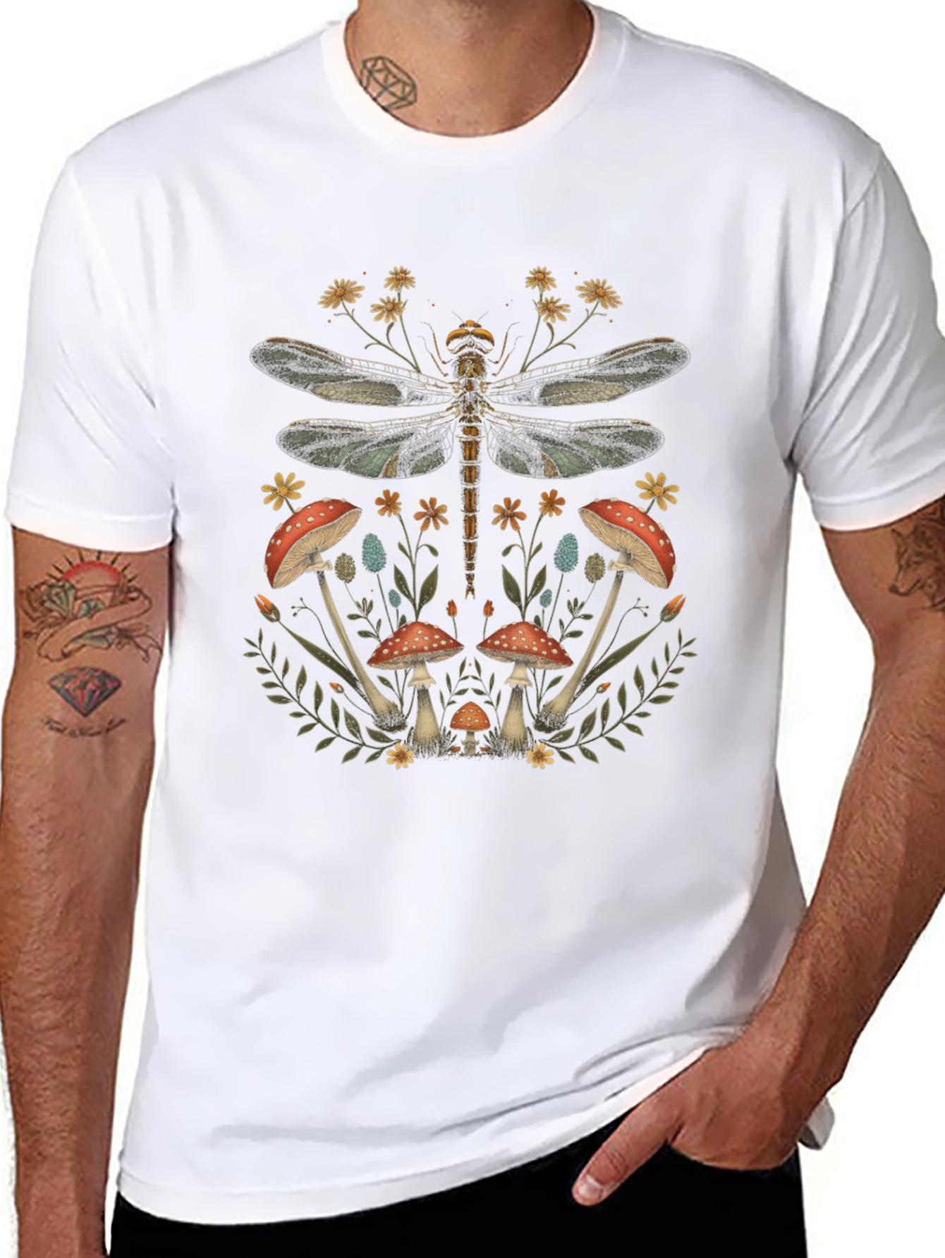 Dragonfly & Mushroom Graphic Tee - Nature Inspired Print