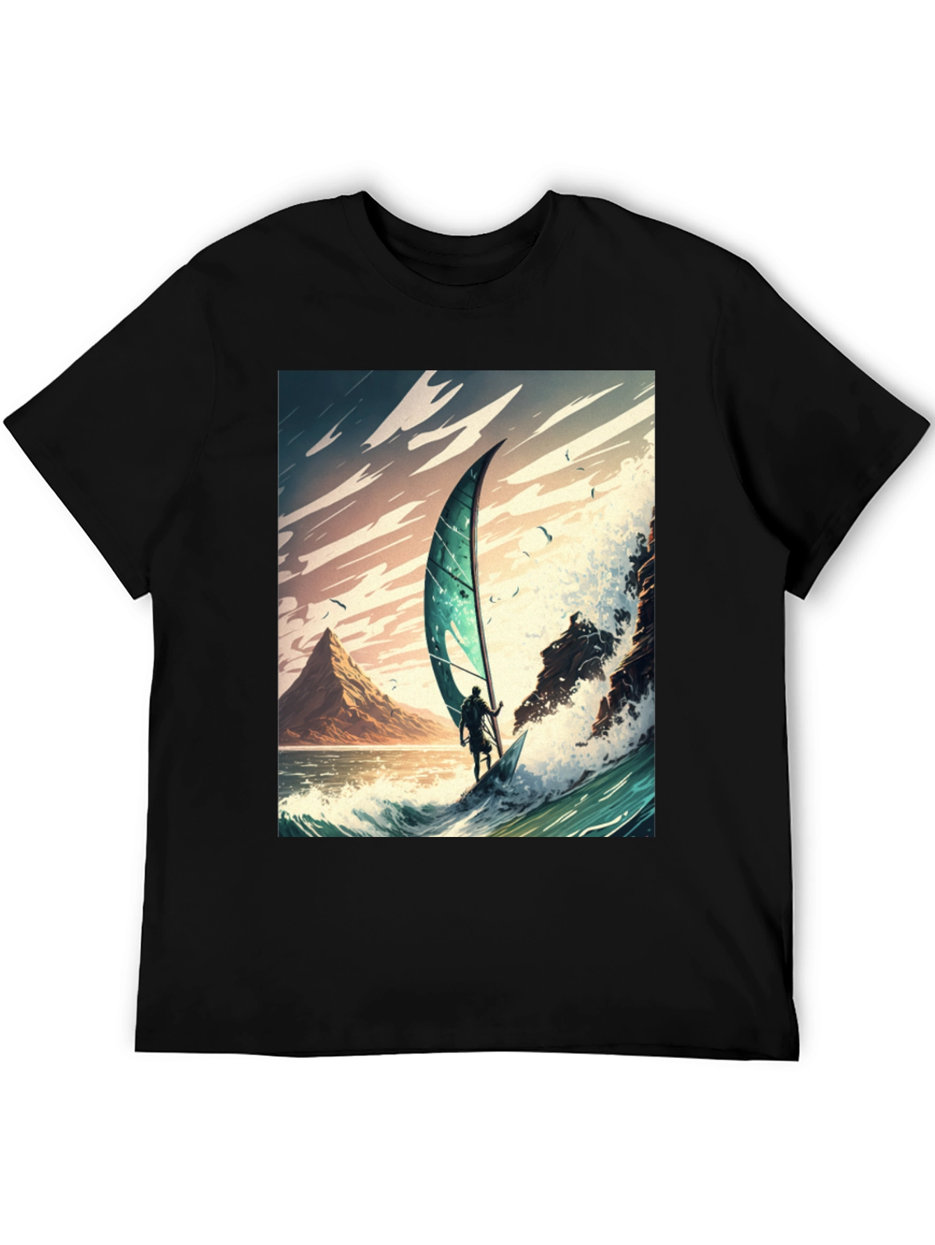 Windsurfing Wave Art Graphic Tee - Black