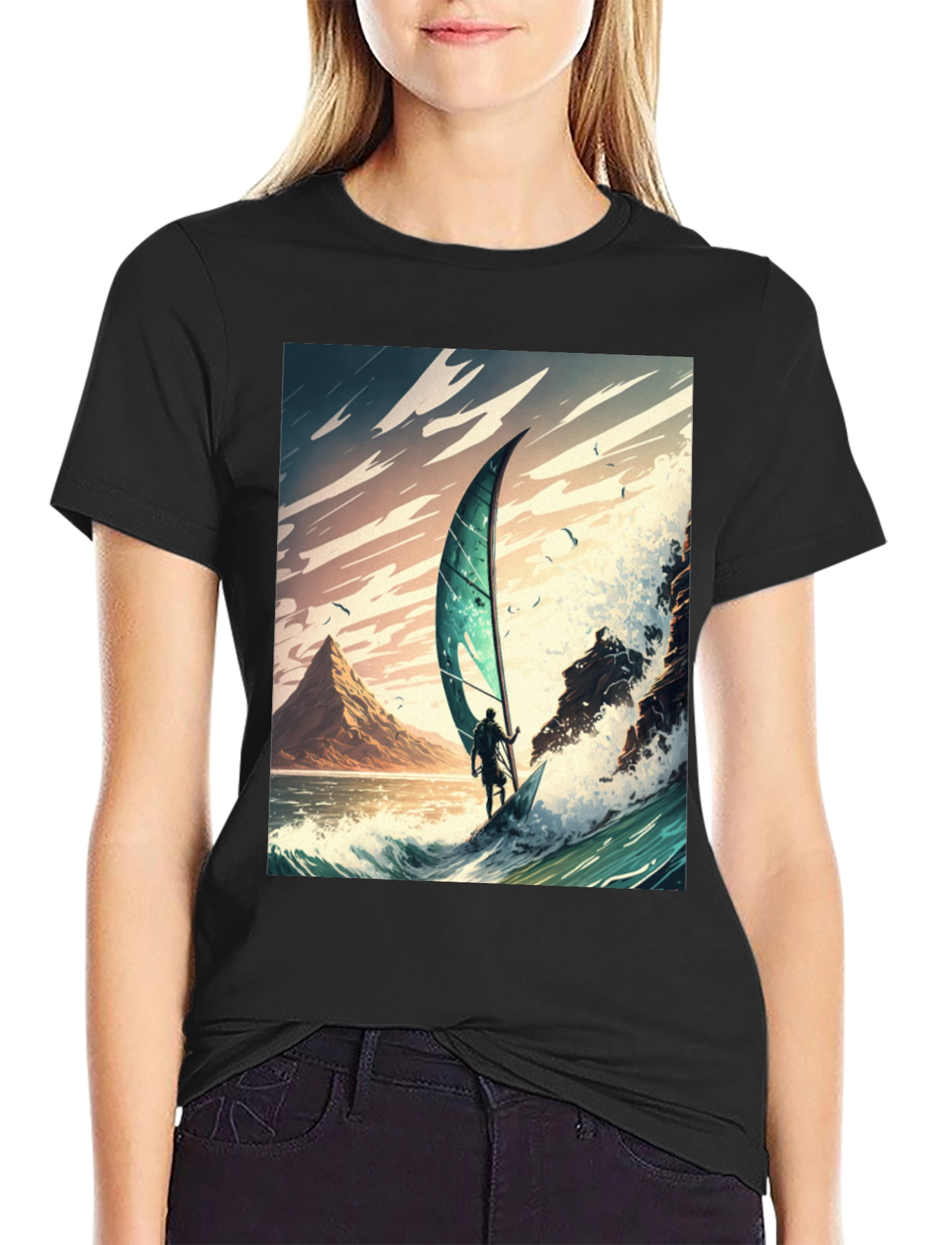 Windsurfing Wave Art Graphic Tee - Black
