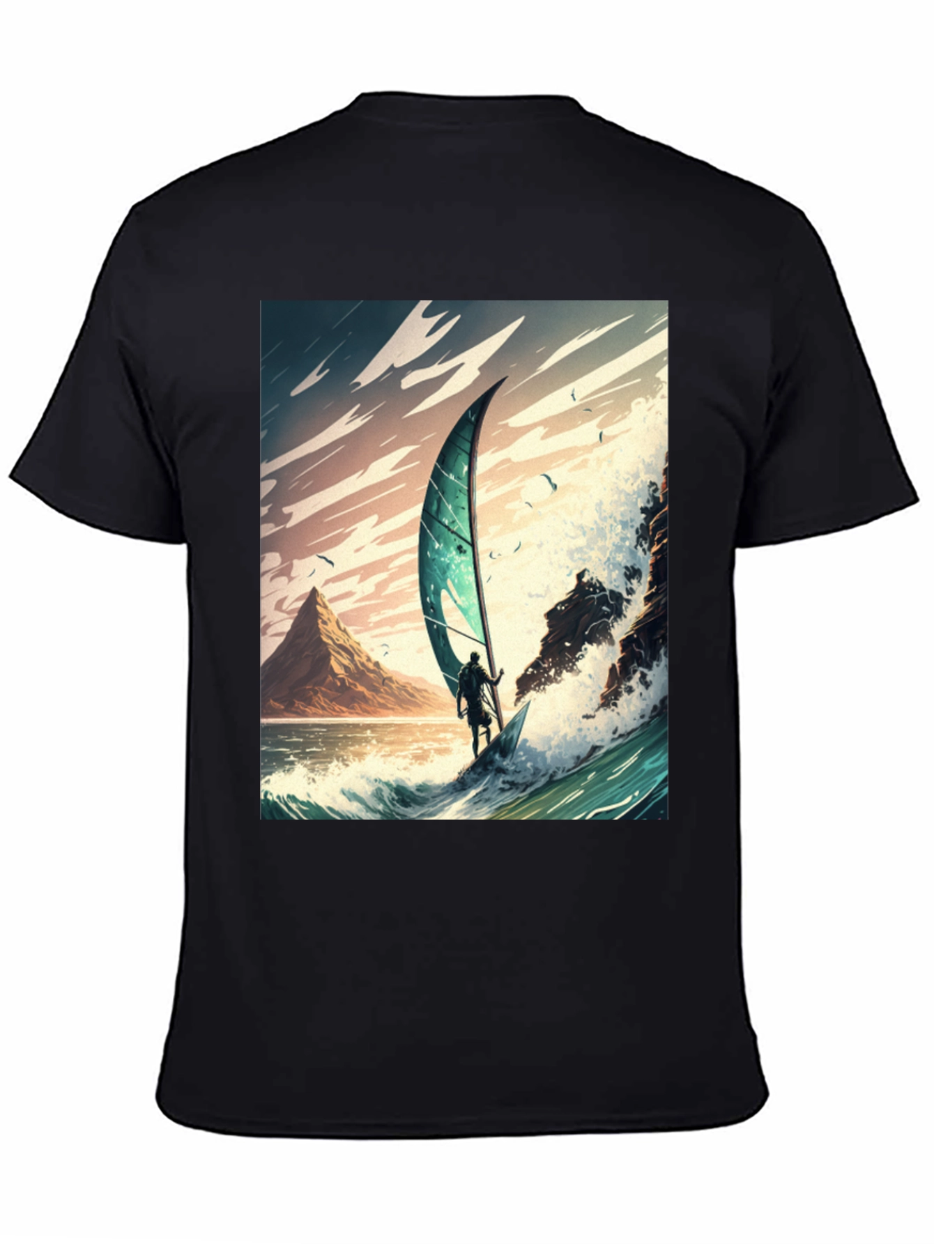 Windsurfing Wave Art Graphic Tee - Black
