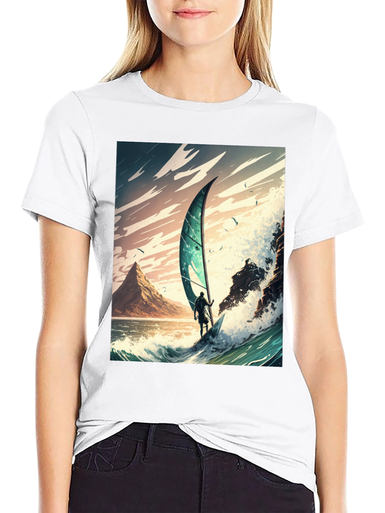 Windsurfing Wave Art Graphic Tee - Black