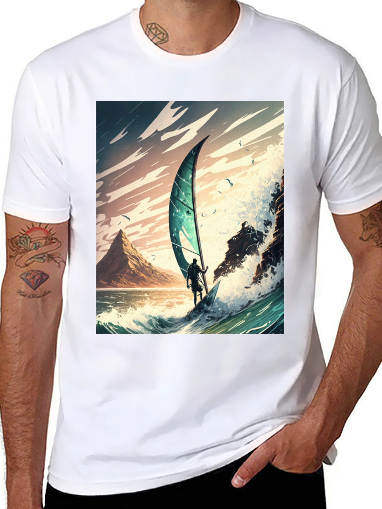 Windsurfing Wave Art Graphic Tee - Black