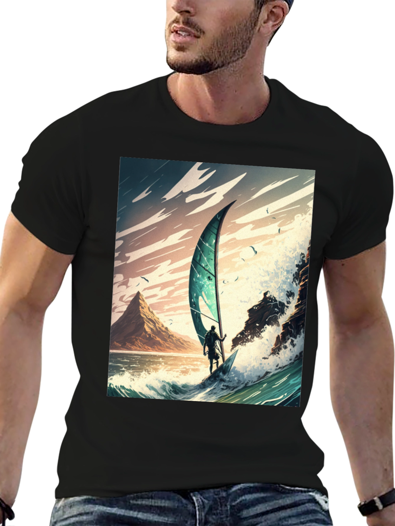 Windsurfing Wave Art Graphic Tee - Black