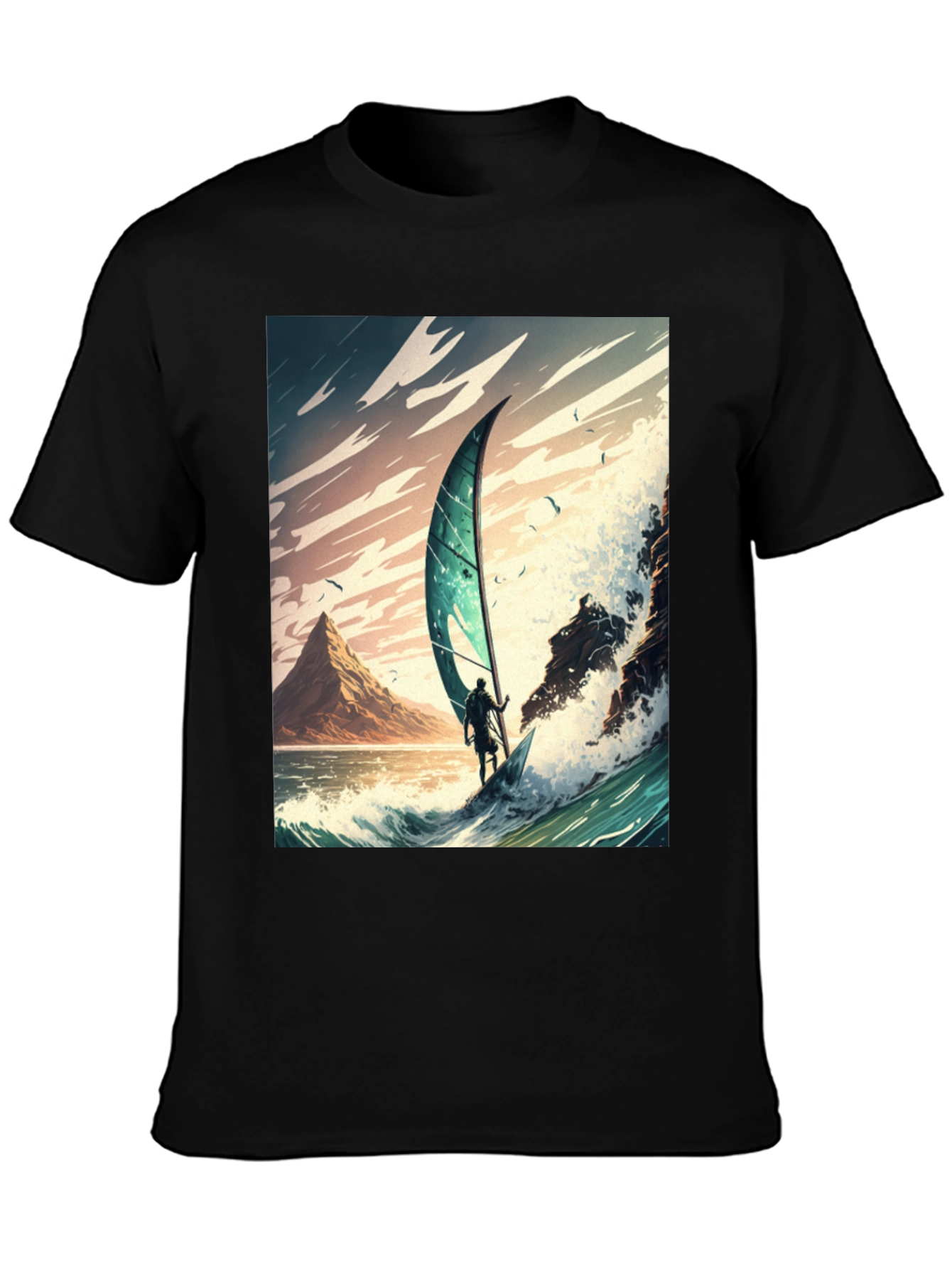 Windsurfing Wave Art Graphic Tee - Black
