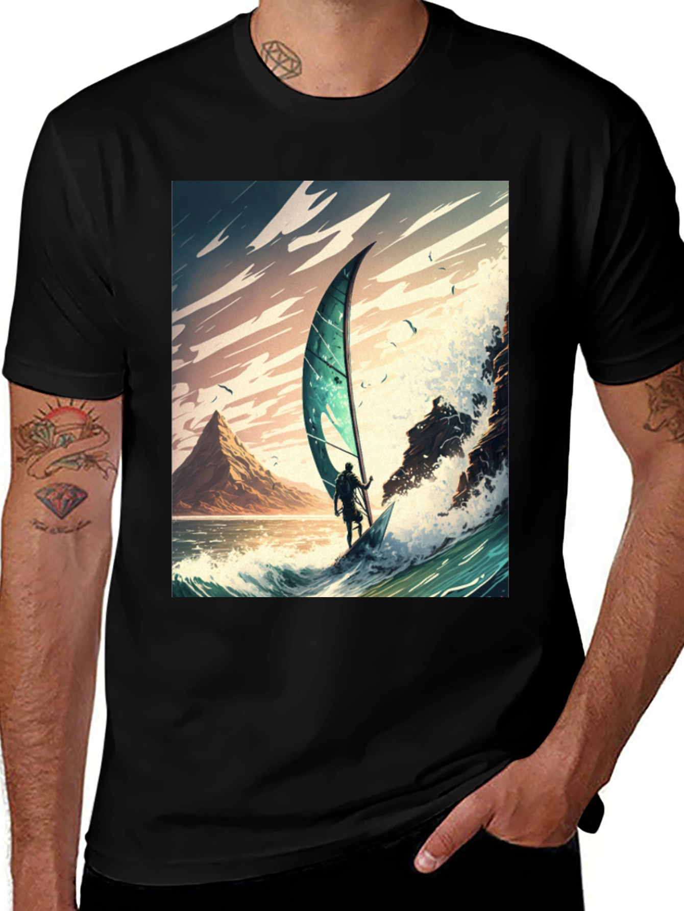 Windsurfing Wave Art Graphic Tee - Black