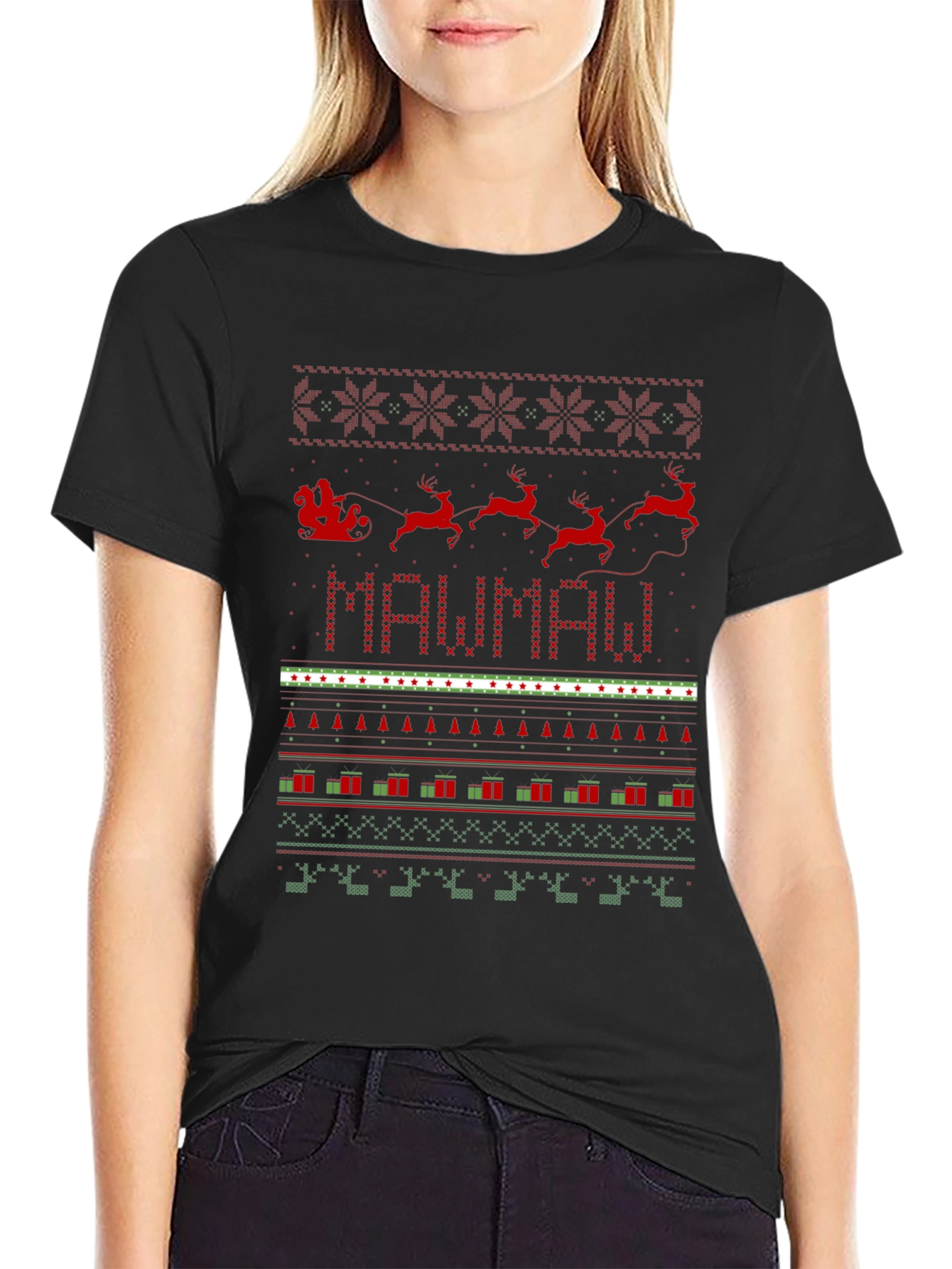 Festive MAWMAW Christmas Sweater Pattern T-Shirt